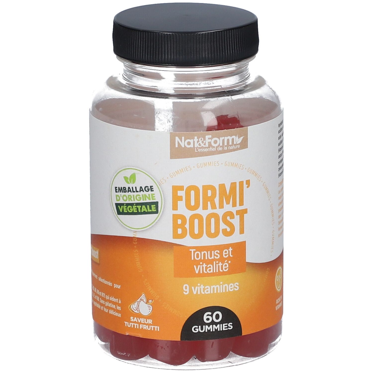 Klare Plastikflasche mit schwarzen Deckel. Etikett mit 'Formi'Boost', 9 Vitaminen und 60 Gummies. 'Emballage d'origine végétale'.