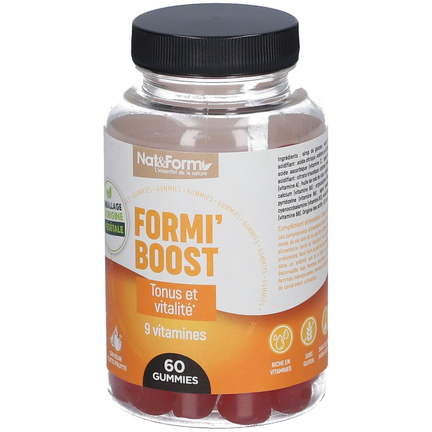 Klare Plastikflasche mit schwarzen Deckel. Etikett mit 'Formi'Boost', 9 Vitaminen und 60 Gummies. 'Emballage d'origine végétale'.
