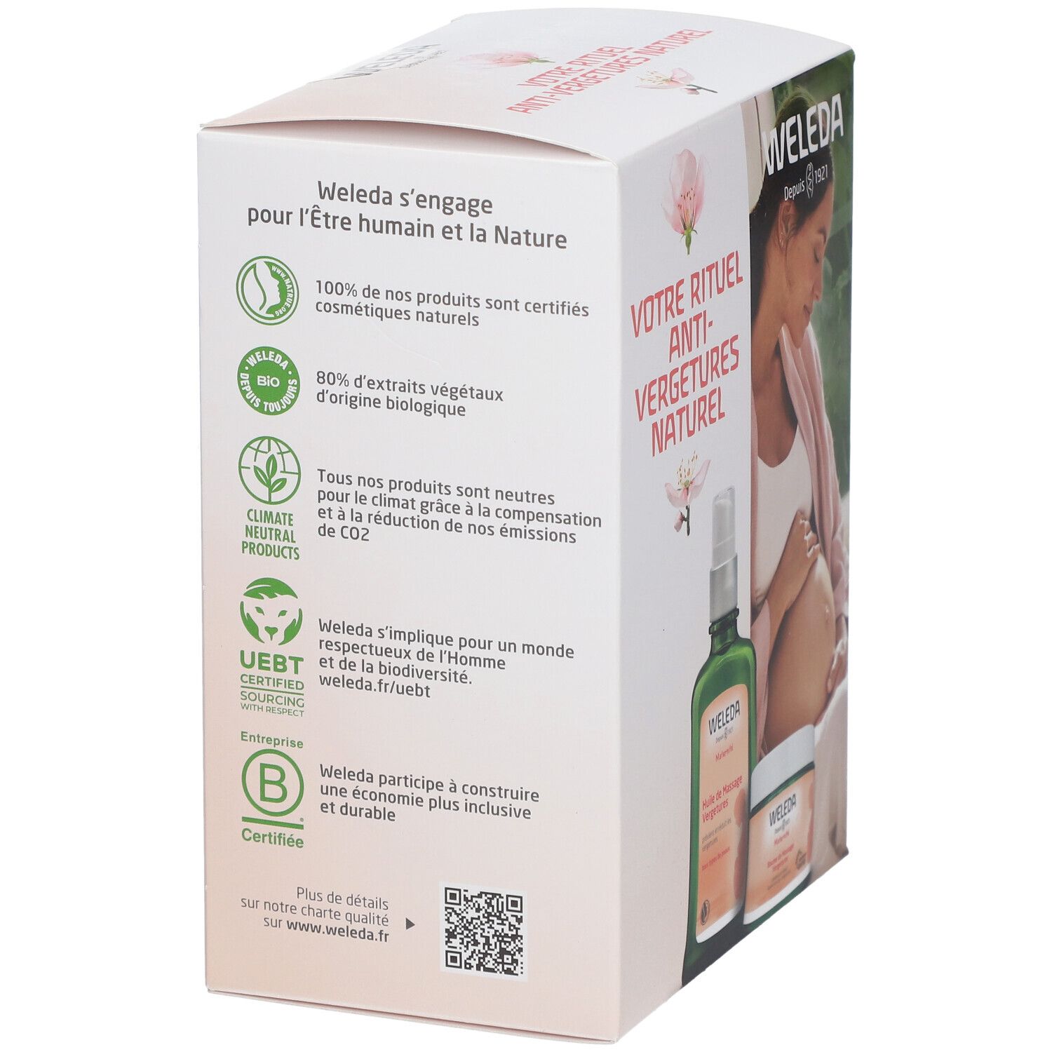 Dos du coffret WELEDA. Logos : Bio, Climate Neutral Products, UEBT, B Corp. Texte : 'Votre rituel anti-vergetures naturel'.