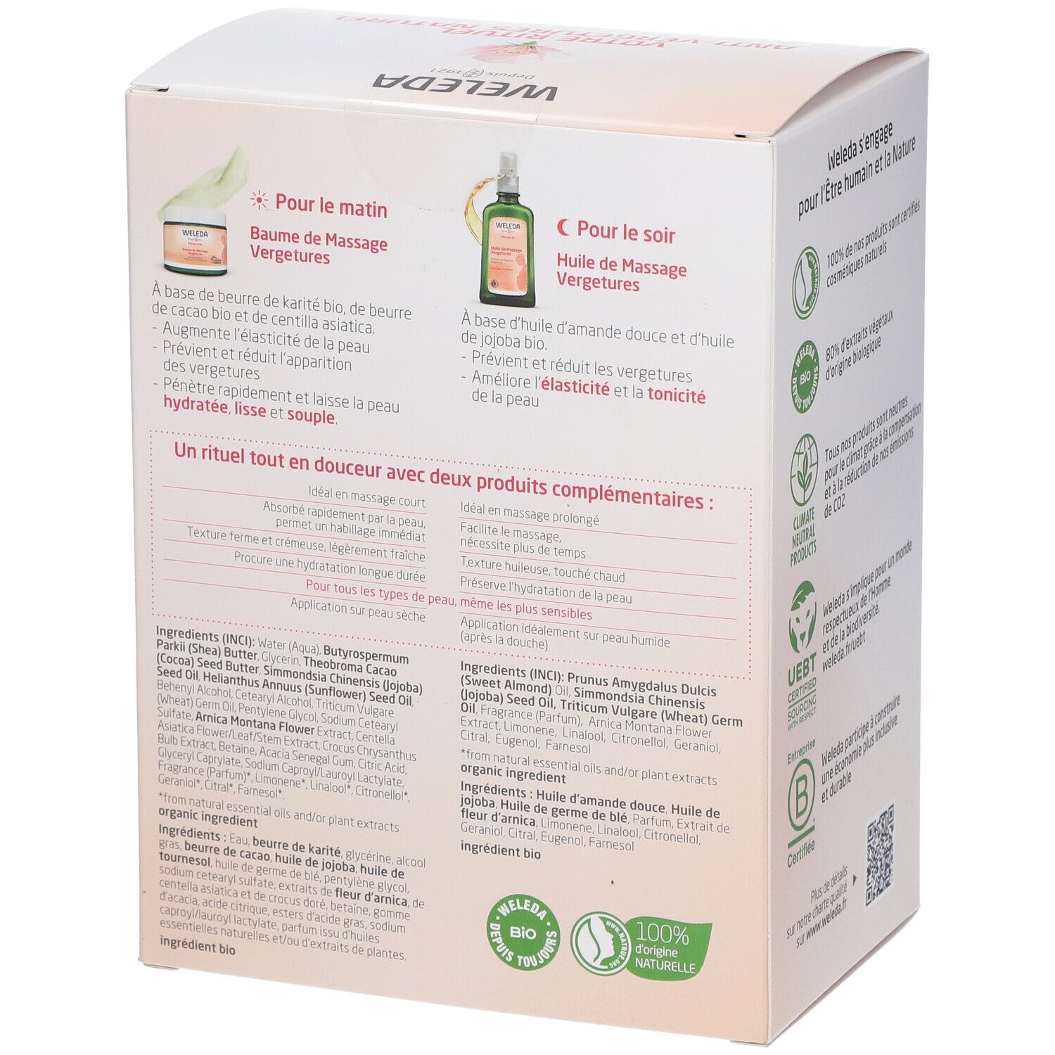 Intérieur du coffret WELEDA. Texte et images des produits : crème et huile. Ingrédients et instructions d'utilisation.