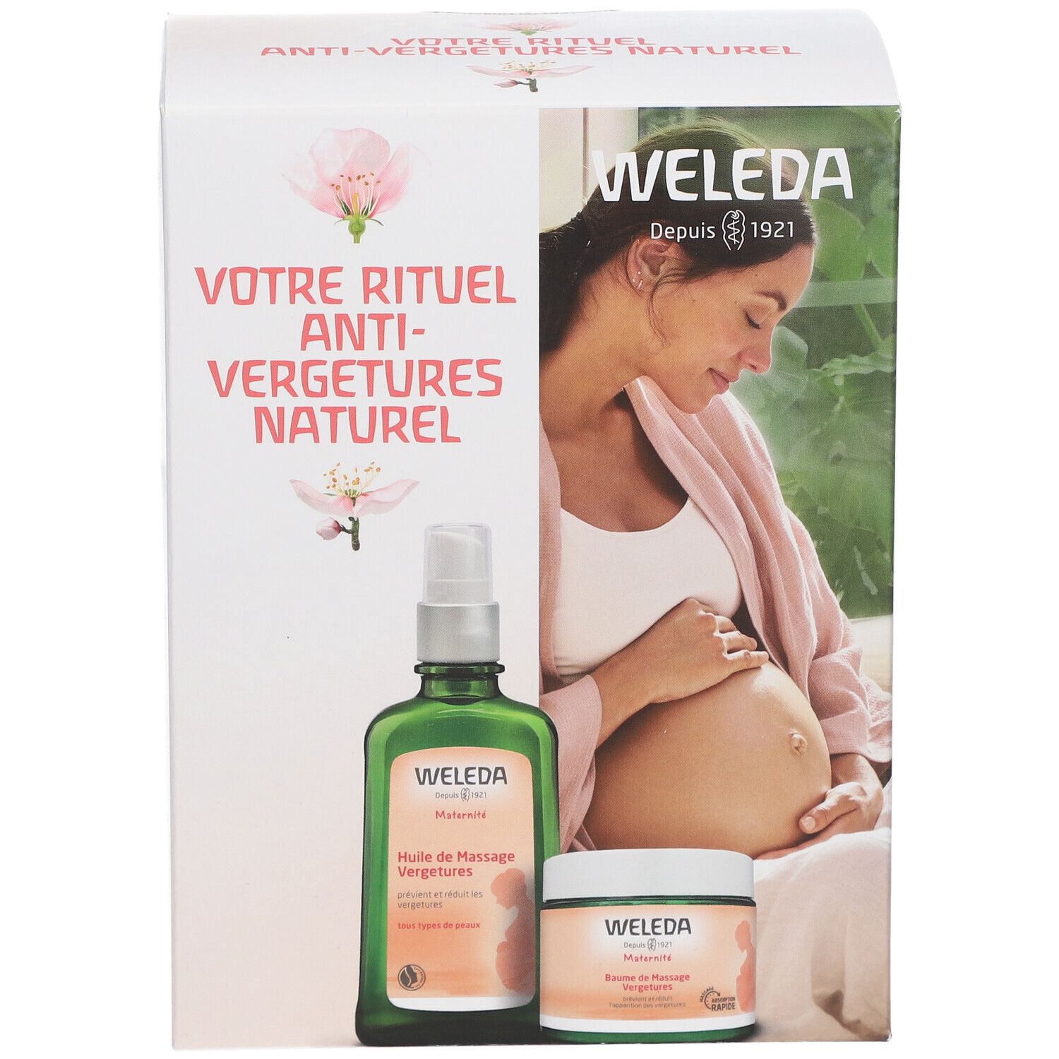 Coffret WELEDA. Visuel : huile et crème. Texte : 'Votre rituel anti-vergetures naturel'. Logo WELEDA.