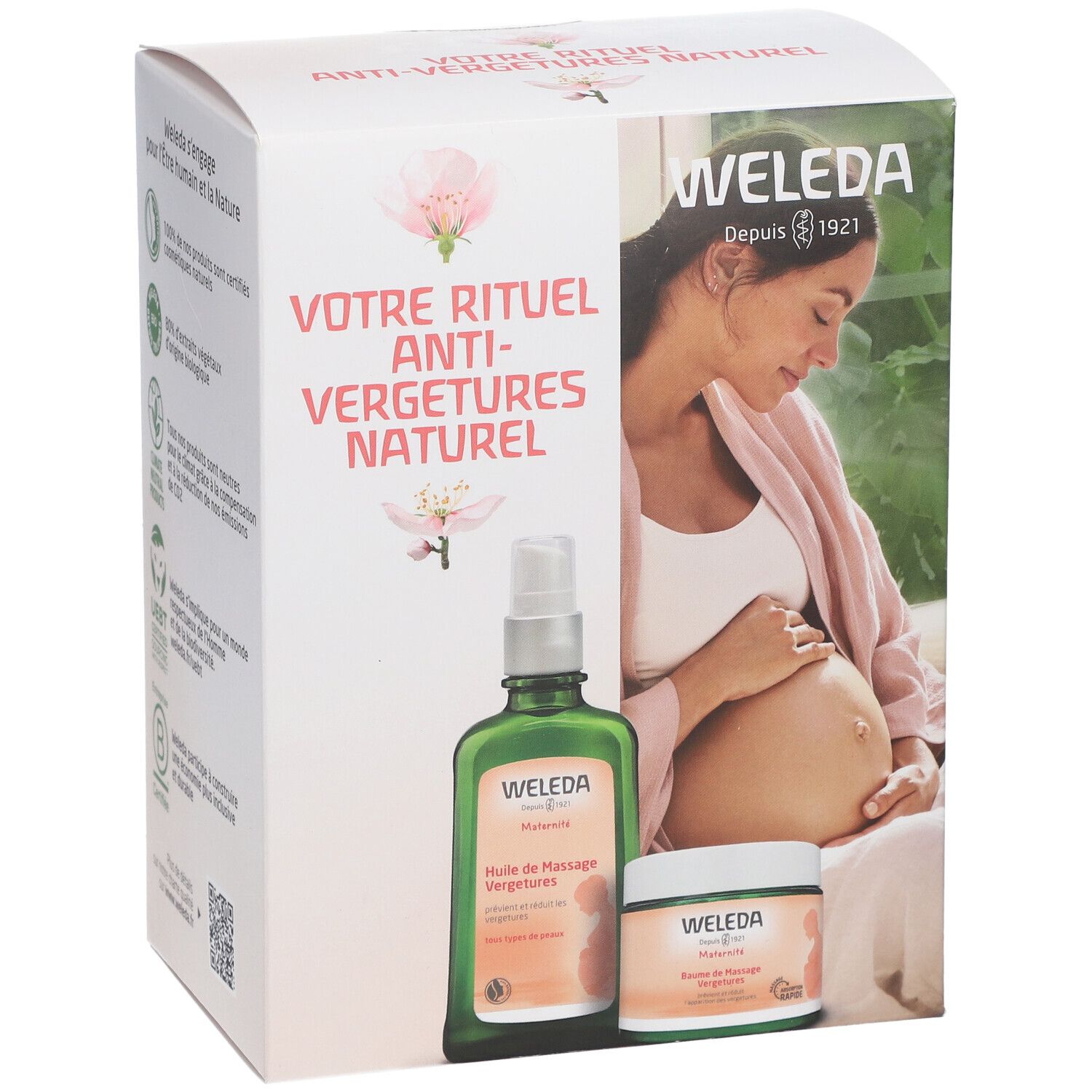 Coffret WELEDA. Visuel : huile et crème. Texte : 'Votre rituel anti-vergetures naturel'. Logo WELEDA.