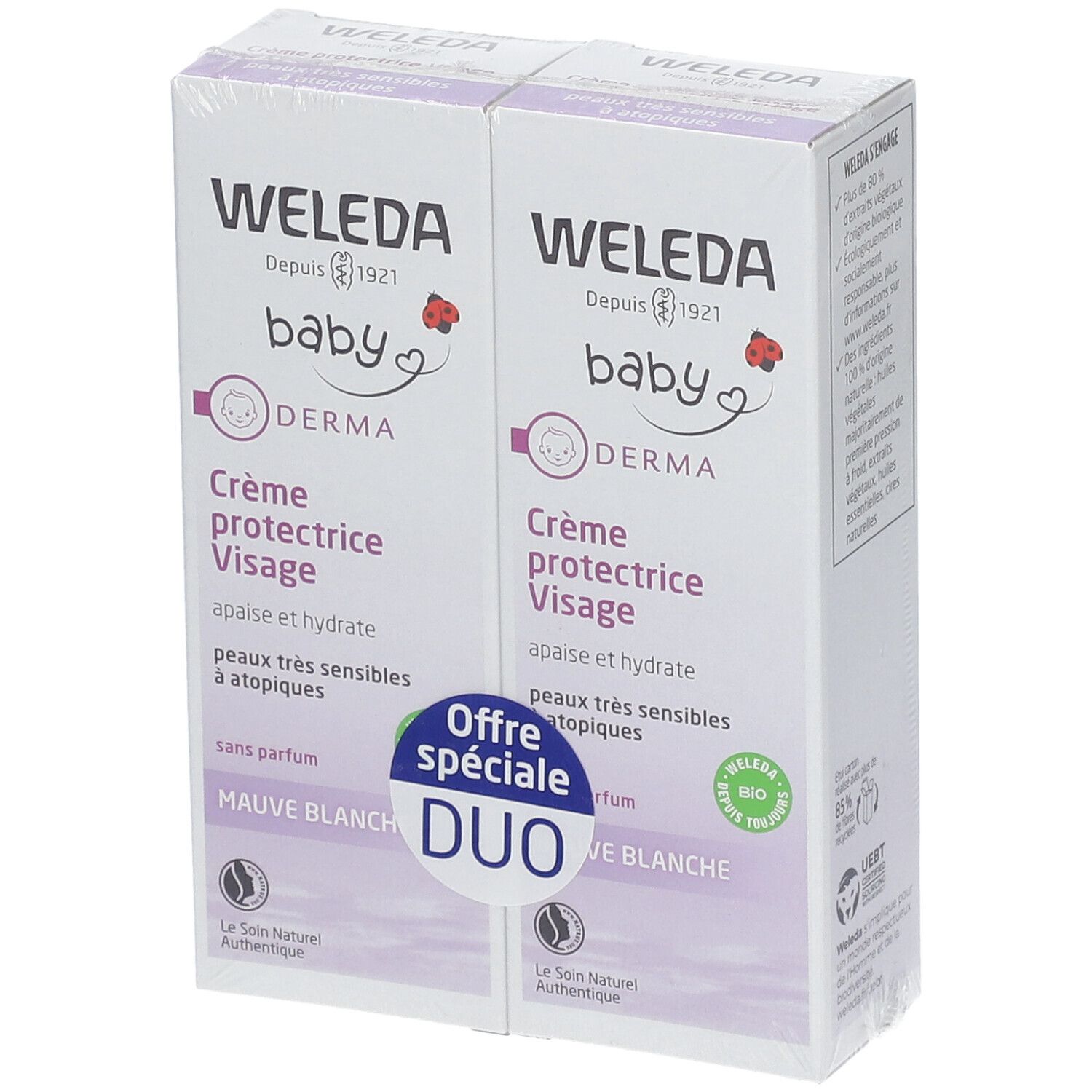 Deux boîtes de Crème protectrice Visage WELEDA Baby. Duo-pack avec emballage blanc et violet. Texte : Mauve Blanche, Bio.