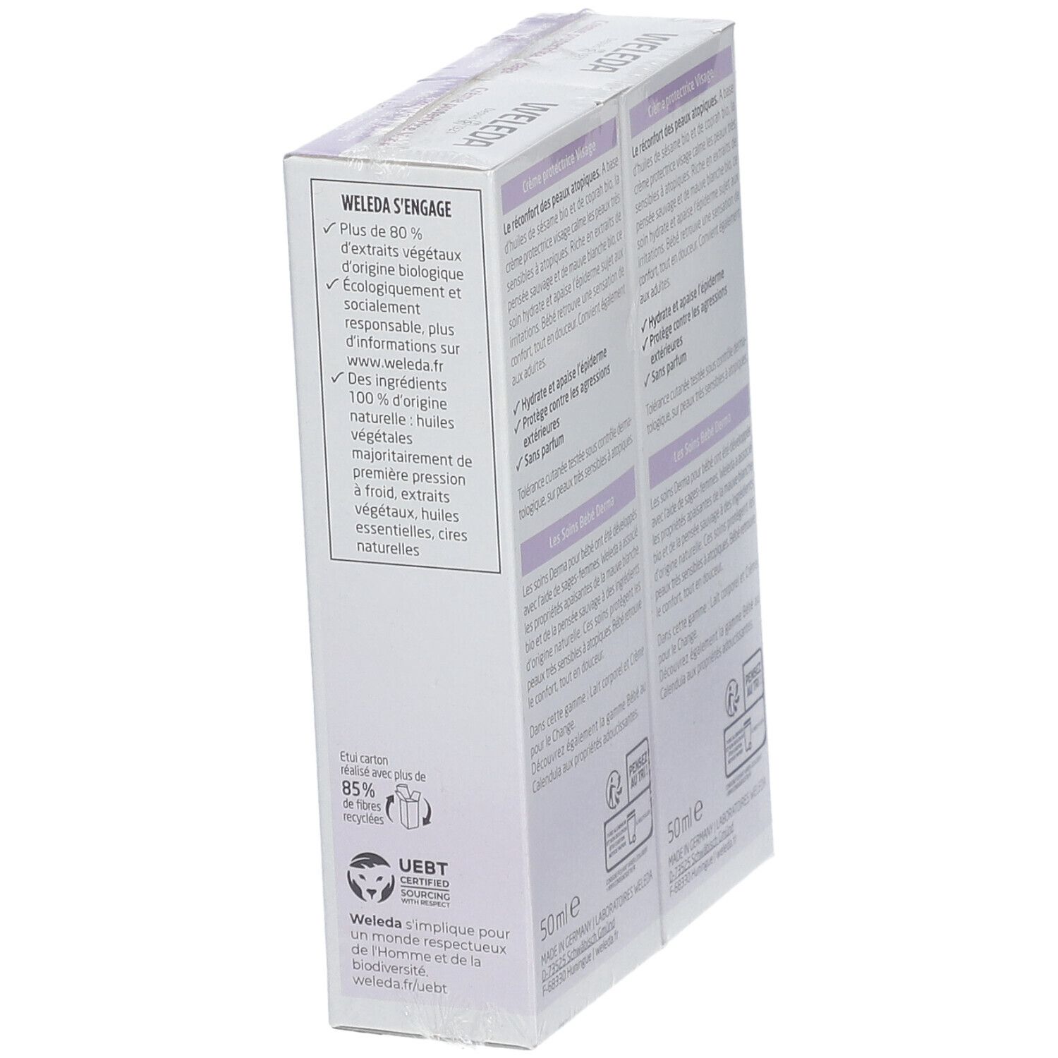Côté de deux boîtes de Crème protectrice Visage WELEDA Baby. Texte : 50 ml, certification Bio, papier recyclé.