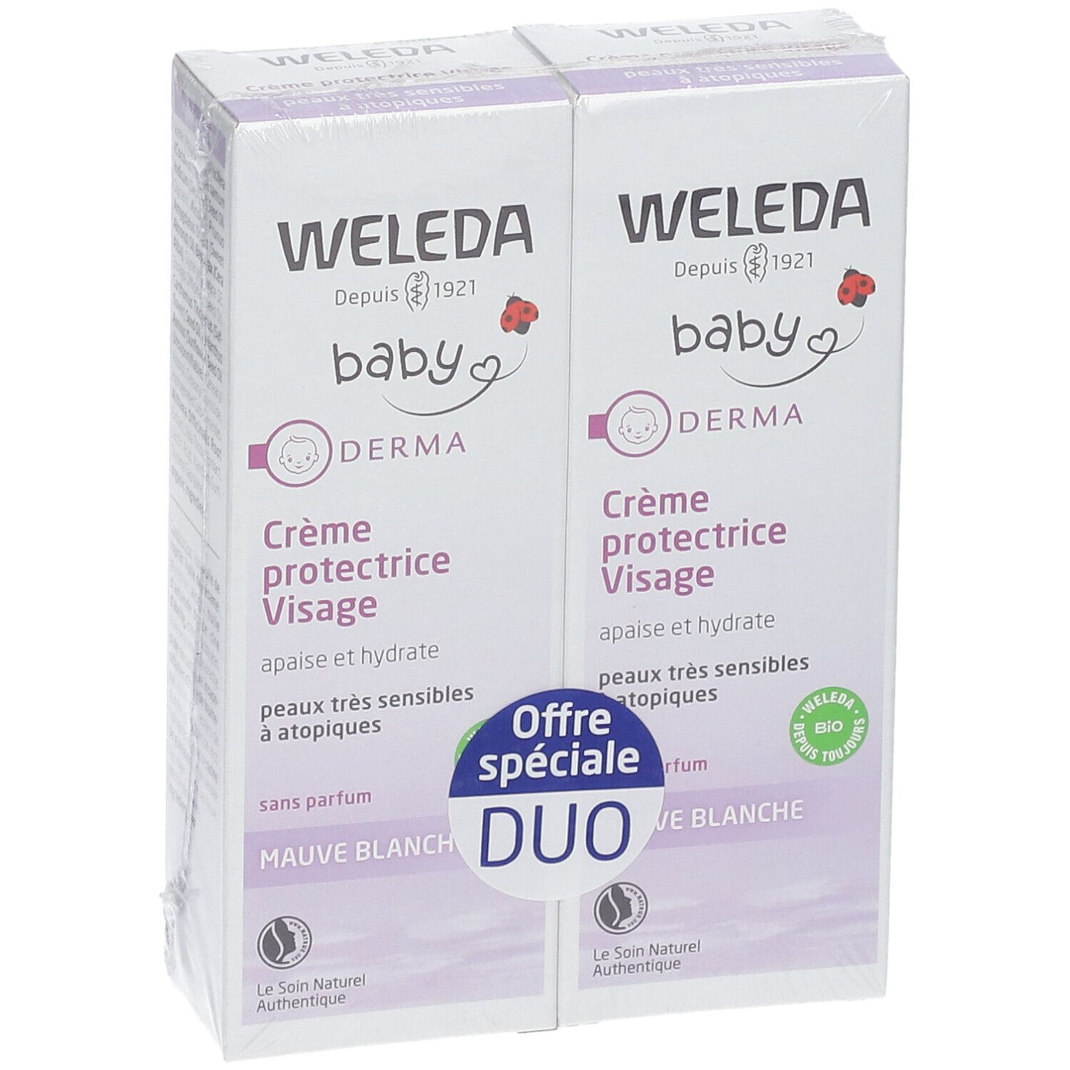 Deux boîtes de Crème protectrice Visage WELEDA Baby. Duo-pack avec emballage blanc et violet. Texte : Mauve Blanche, Bio.