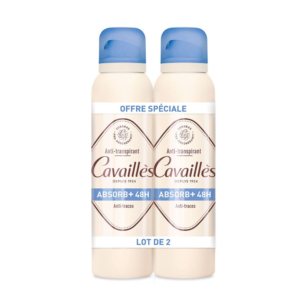 Deux sprays avec bouchons bleus. Inscription Cavaillès, Anti-transpirant, Absorb+ 48H. « Offre Spéciale » et « Lot de 2 ».