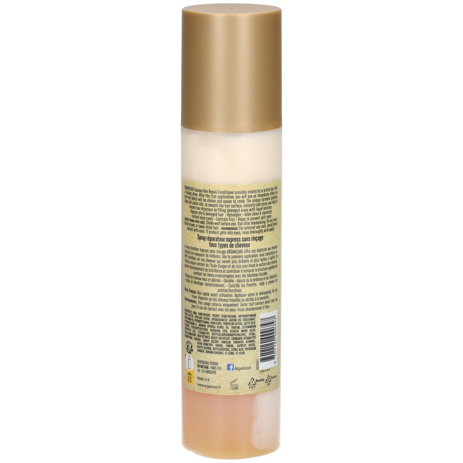 Arganicare Express Haar Repair Conditioner mit Rizinusöl, Rückseite mit Inhaltsstoffen und Zertifizierungen.