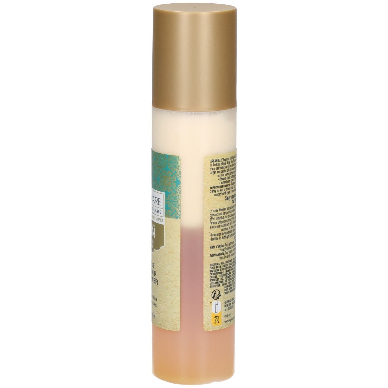 Arganicare Express Haar Repair Conditioner mit Rizinusöl, Rückseite mit Anwendungshinweisen.