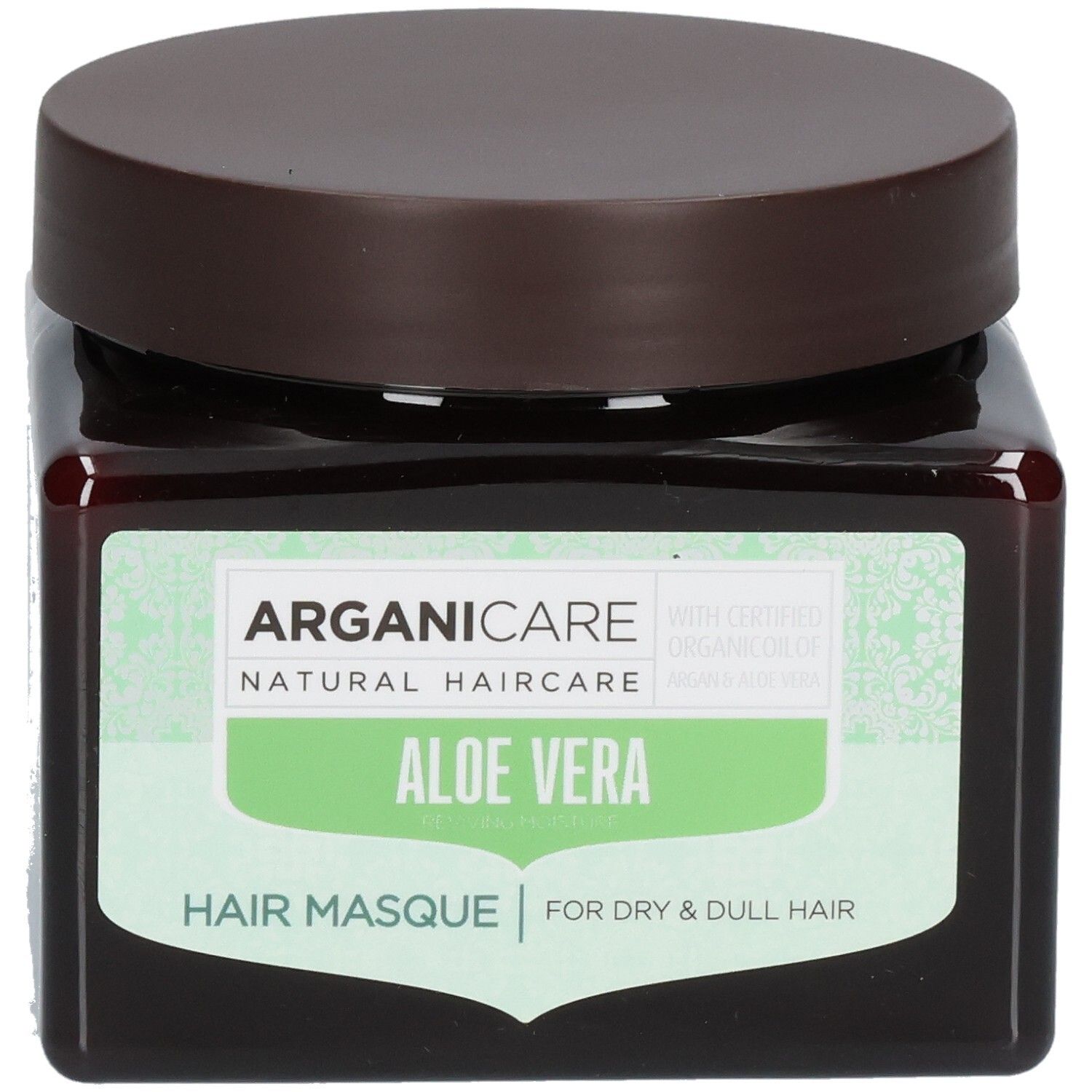 Arganicare Haarmaske mit Aloe Vera für trockenes und glanzloses Haar in einem braunen Tiegel.