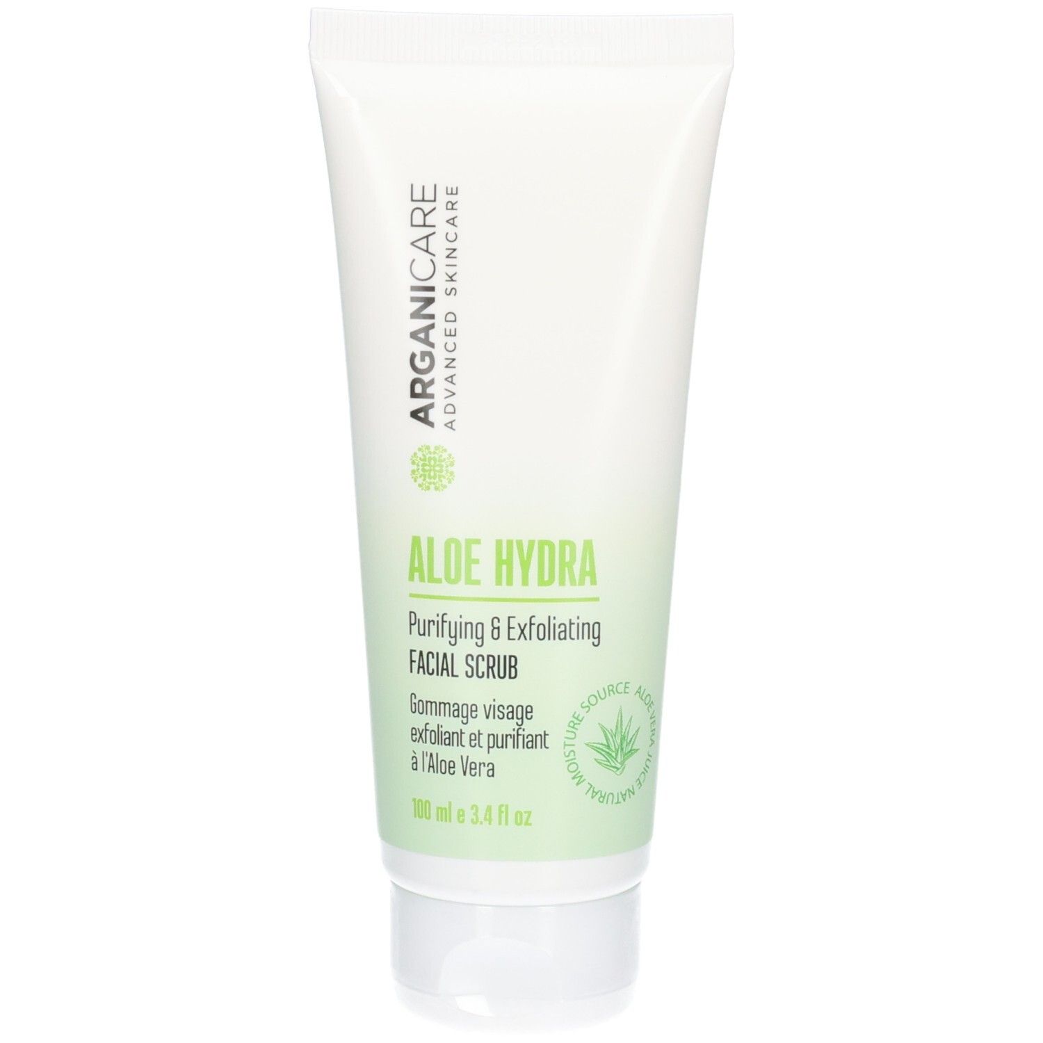 Arganicare Aloe Hydra Peeling und reinigendes Gesichtspeeling in weißer Tube.