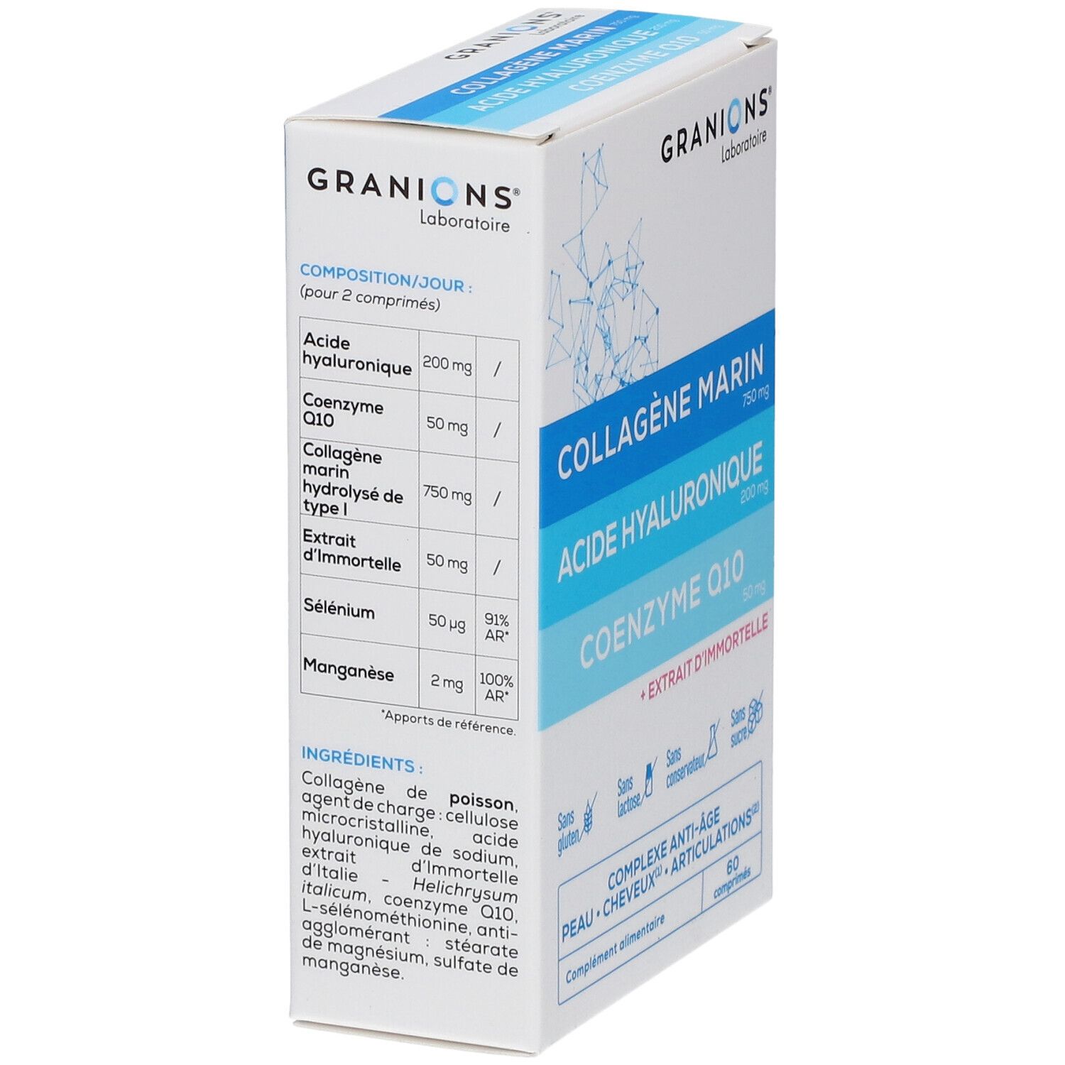 Boîte avec informations produit. Ingrédients et composition par portion. Marque: GRANIONS. Inscriptions: Collagène Marin, Acide Hyaluronique, Coenzyme Q10.