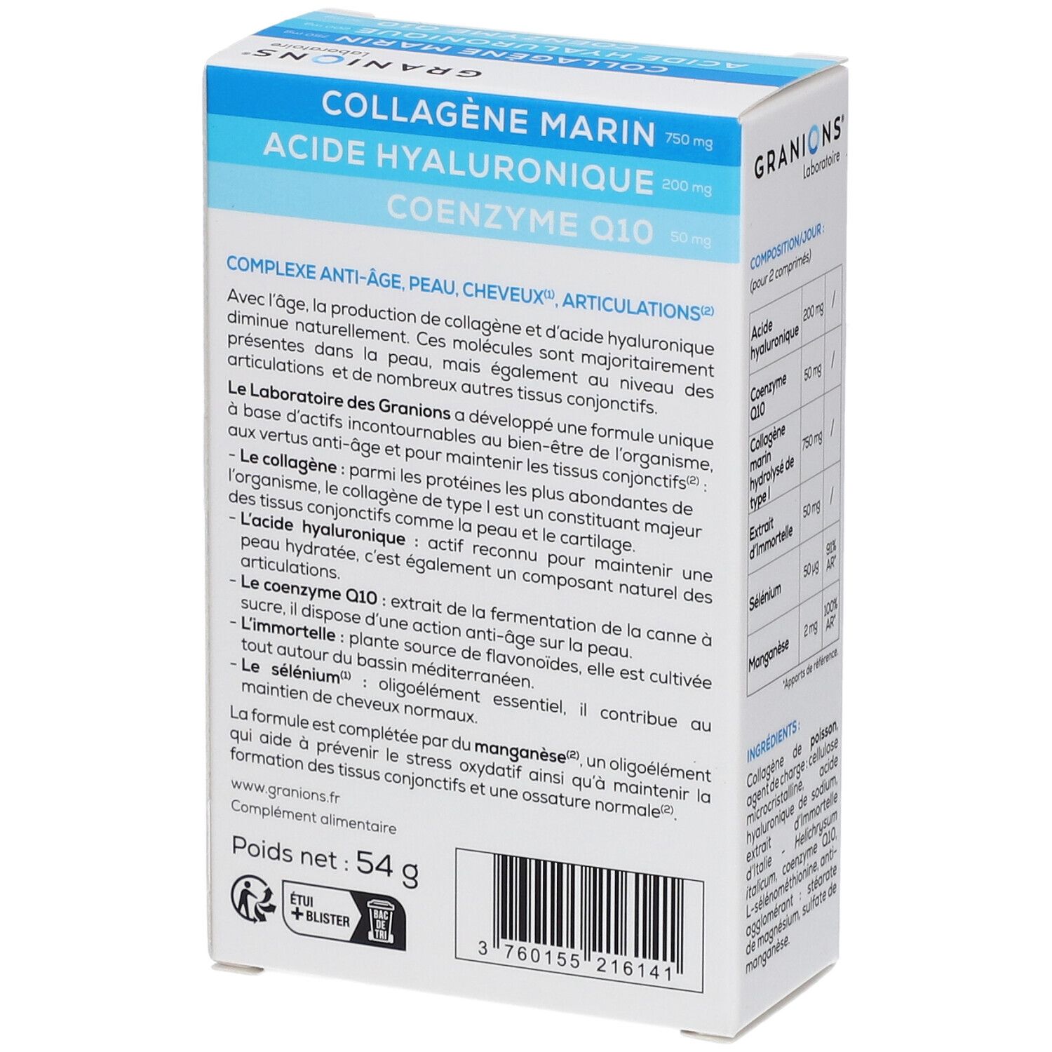 Boîte avec informations produit. Dos avec ingrédients, poids et informations fabricant. Marque: GRANIONS. Inscriptions: Collagène Marin, Acide Hyaluronique, Coenzyme Q10.