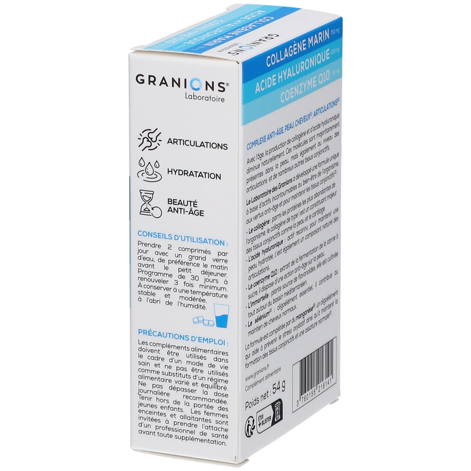Boîte avec informations produit. Côté avec conseils d'utilisation et précautions. Marque: GRANIONS. Inscriptions: Collagène Marin, Acide Hyaluronique, Coenzyme Q10.