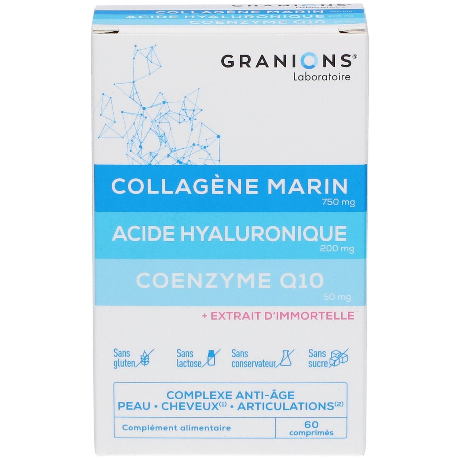 Boîte avec inscriptions produit. Inscriptions: Collagène Marin, Acide Hyaluronique, Coenzyme Q10. 60 comprimés. Marque: GRANIONS.