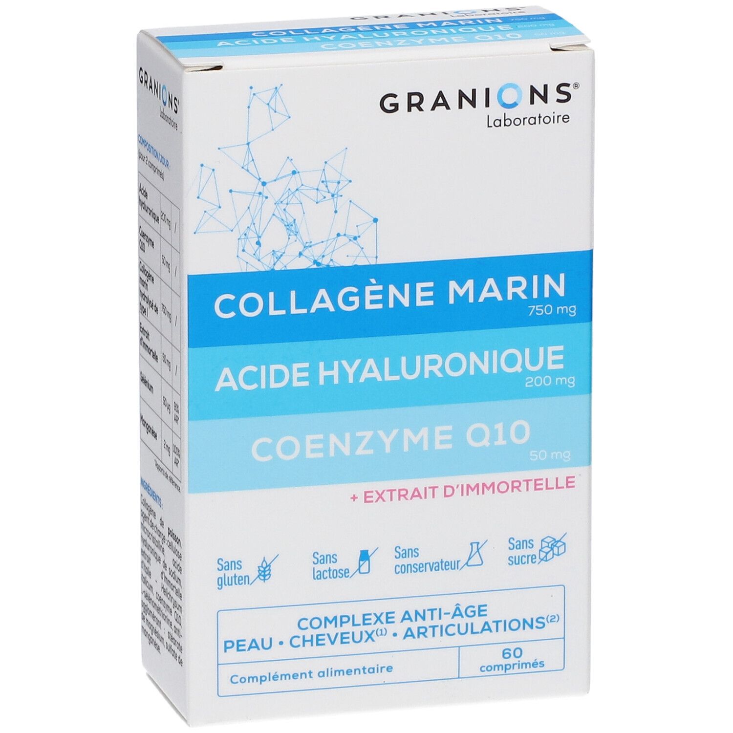 Boîte avec inscriptions produit. Inscriptions: Collagène Marin, Acide Hyaluronique, Coenzyme Q10. 60 comprimés. Marque: GRANIONS.