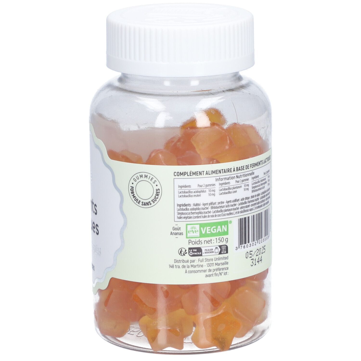 Flacon transparent avec gummies oranges. Étiquette : "Ferments Lactiques". Poids net : 150g. Vegan.