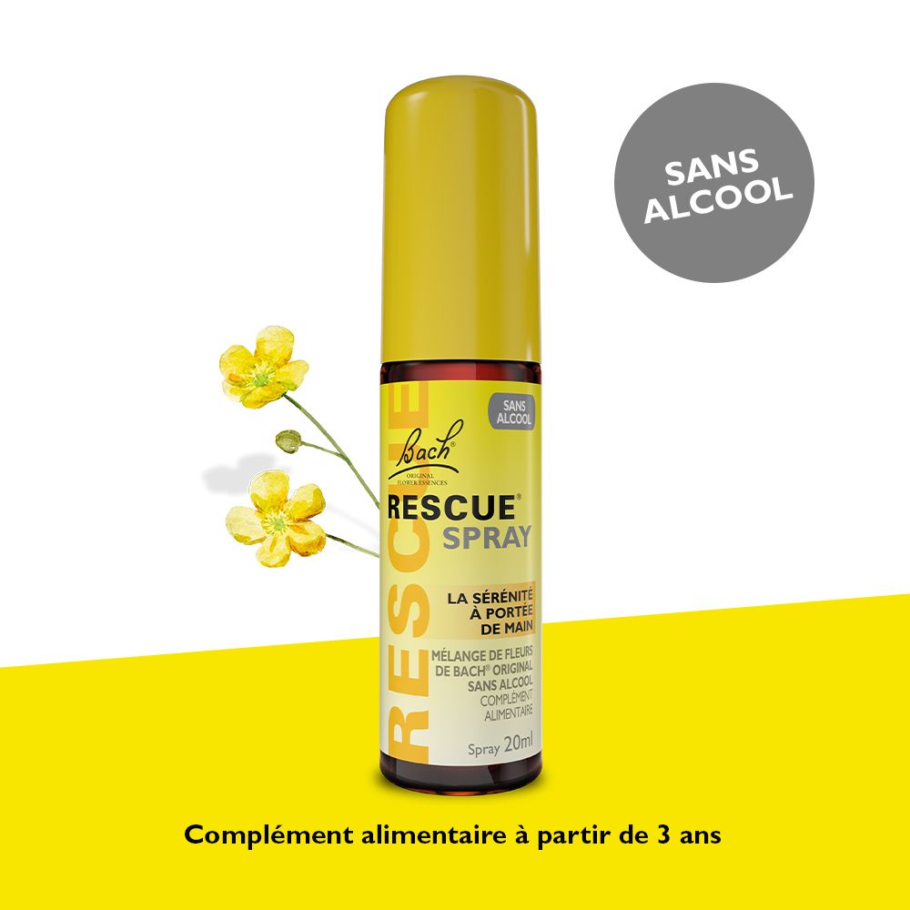Flacon spray jaune avec étiquette "Bach Rescue Spray". Logo "Sans Alcool". Fleurs jaunes.