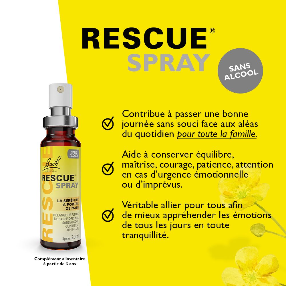 Flacon jaune "Rescue Spray" avec texte. Logo "Sans Alcool". Texte sur l'utilisation et les avantages.