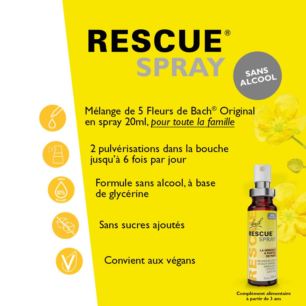 Flacon jaune "Rescue Spray" avec texte. Logo "Sans Alcool". Informations sur les ingrédients et l'utilisation.