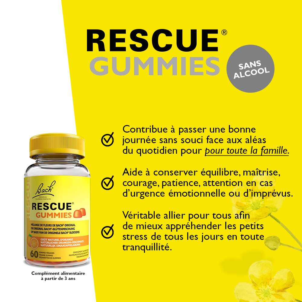 Gelber Hintergrund mit Text und Bach Rescue Gummies. Ohne Alkohol. Hilft bei Stress und im Alltag. 60 Gummies.