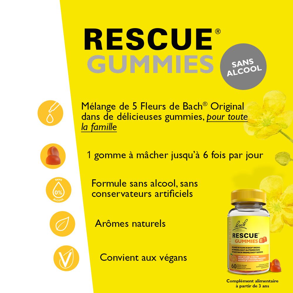 Gelber Hintergrund mit Text und Bach Rescue Gummies. Ohne Alkohol, vegan. 60 Gummies. 5 Bach-Blüten-Mischung.
