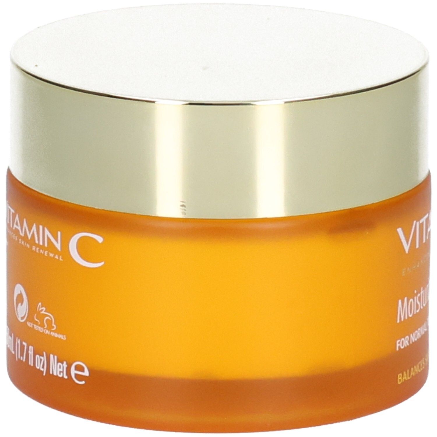 Orange Tiegel mit goldfarbenem Deckel, "VITAMIN C" und "50ml (1.7 fl oz) Net e" Aufschrift.