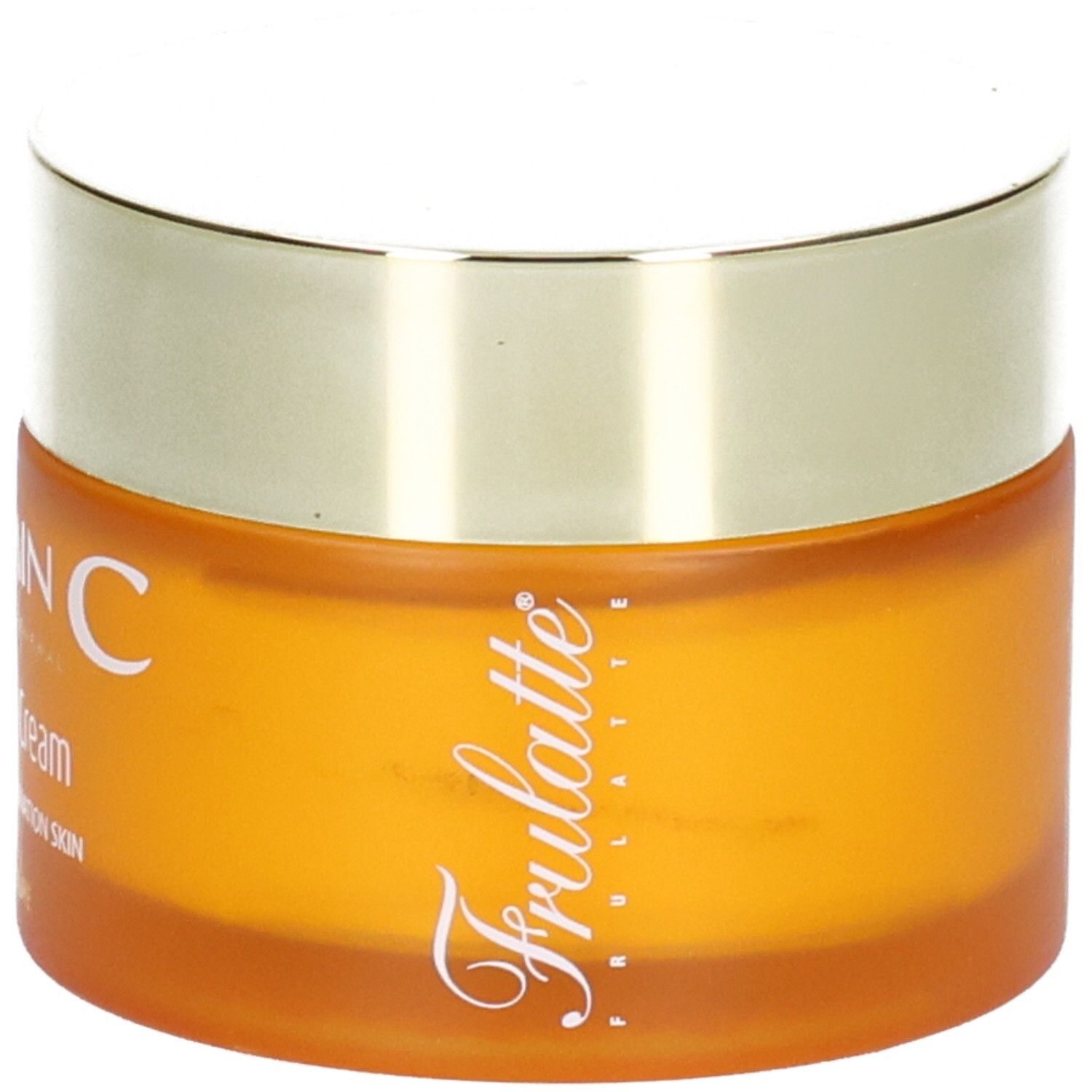 Orange Tiegel mit goldfarbenem Deckel, "VITAMIN C" und "Frulatte" Aufschrift.