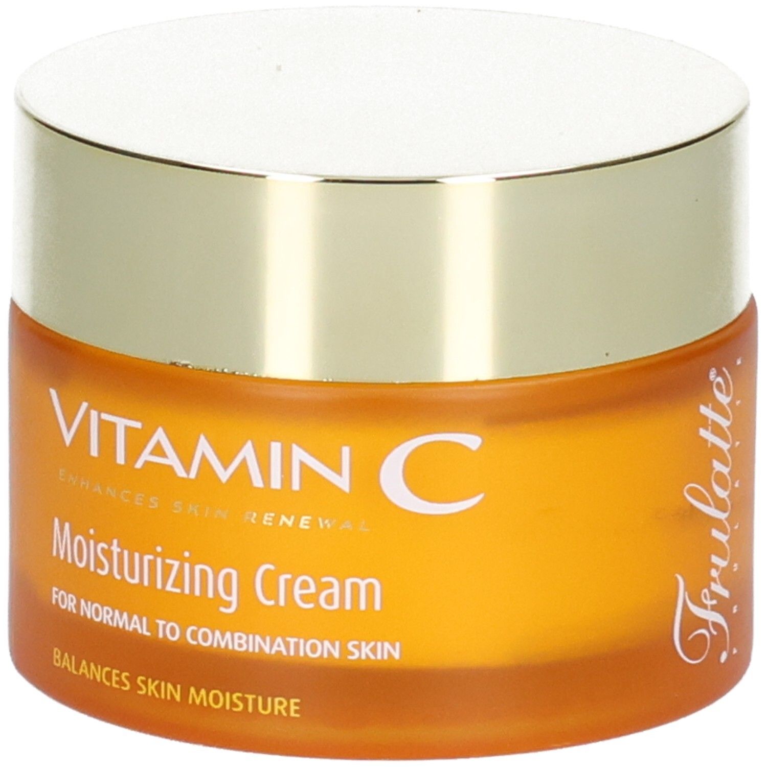 Orange Tiegel mit goldfarbenem Deckel, "VITAMIN C Moisturizing Cream" und "Frulatte" Aufschrift.