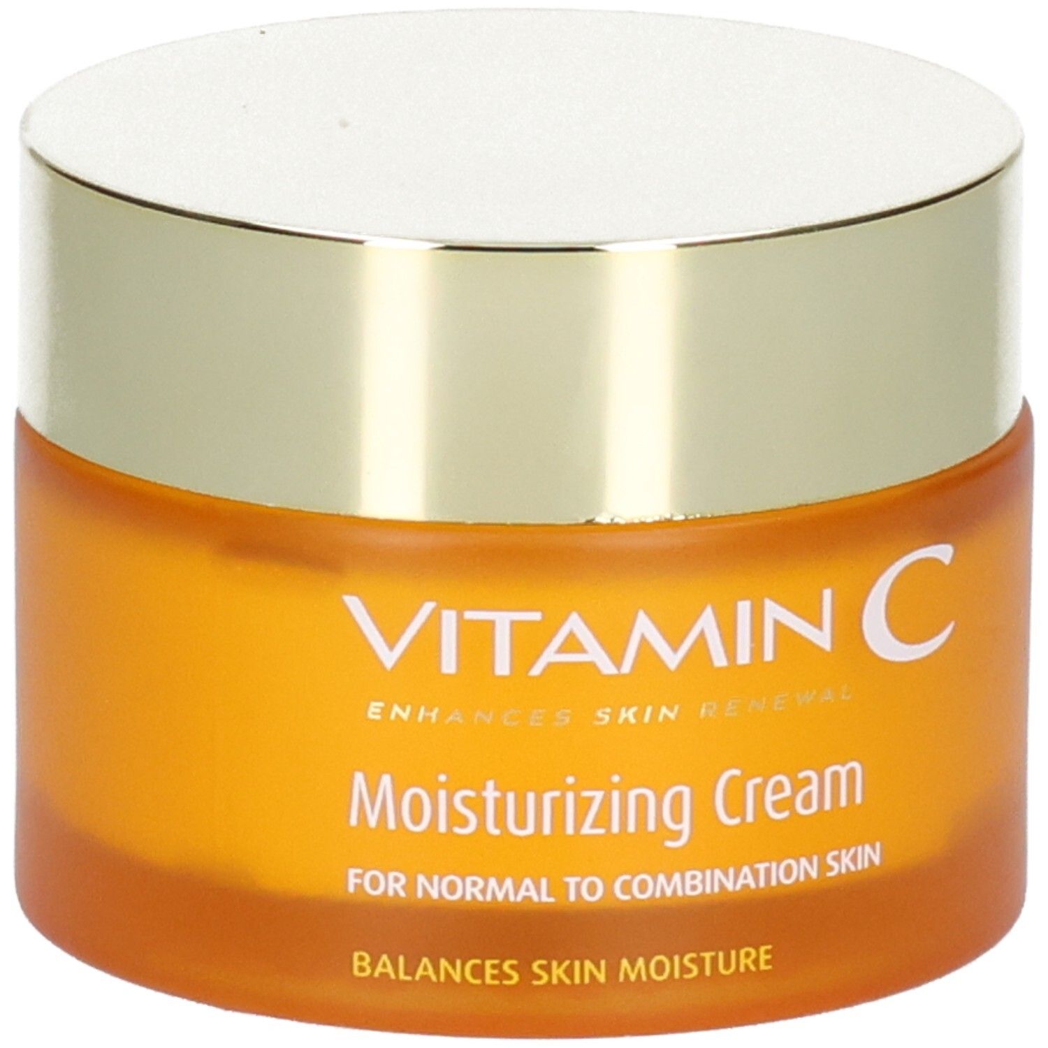Orange Tiegel mit goldfarbenem Deckel, "VITAMIN C Moisturizing Cream" und "Frulatte" Aufschrift.