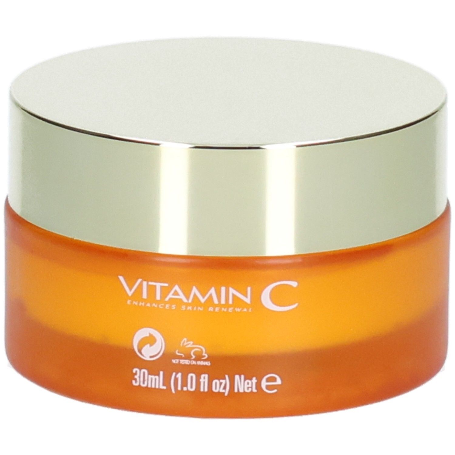 Orangefarbener Tiegel mit silbernem Deckel, "VITAMIN C ENHANCES SKIN RENEWAL" und "30ml" aufgedruckt.