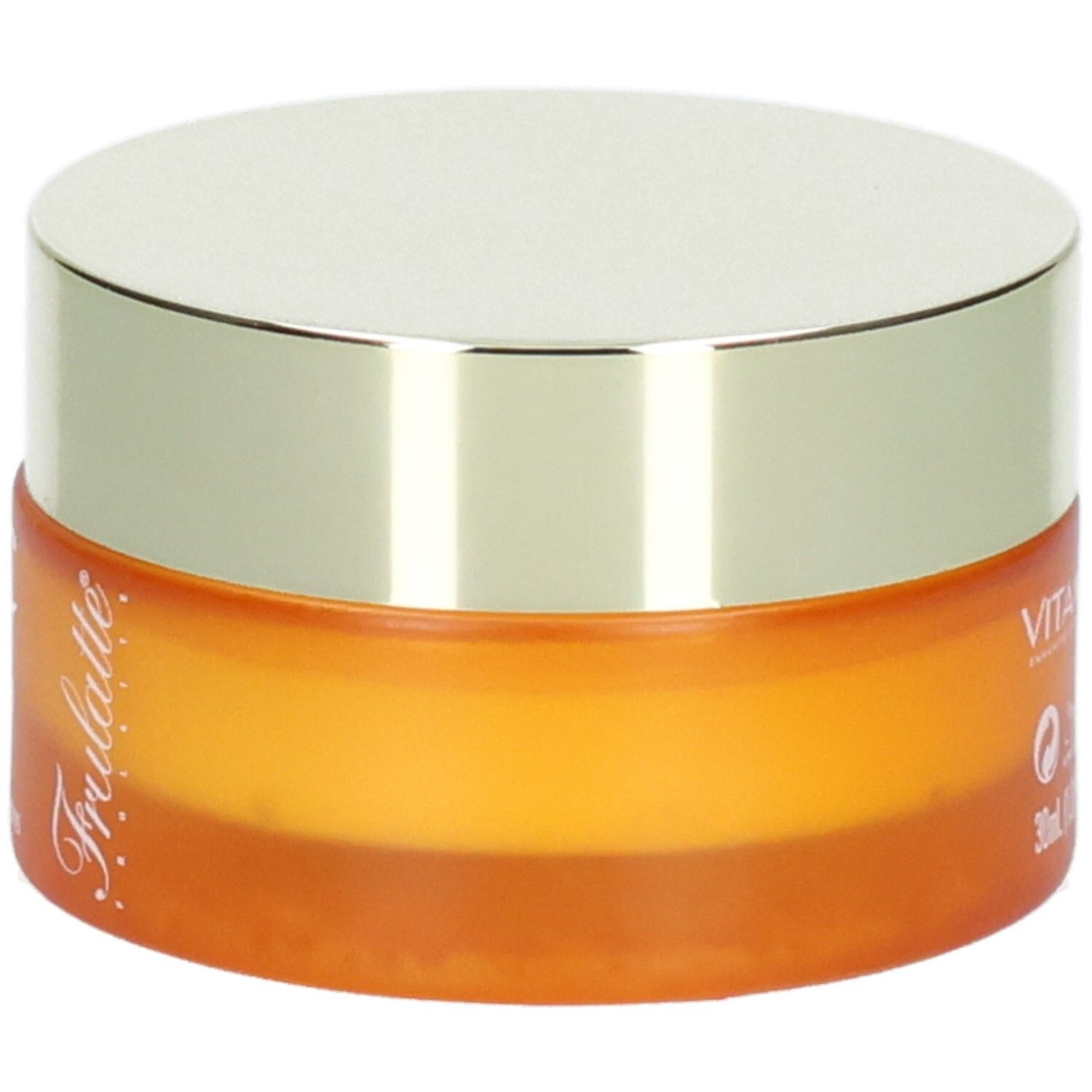 Orangefarbener Tiegel mit silbernem Deckel, "Frulatte" auf dem Glasrand.