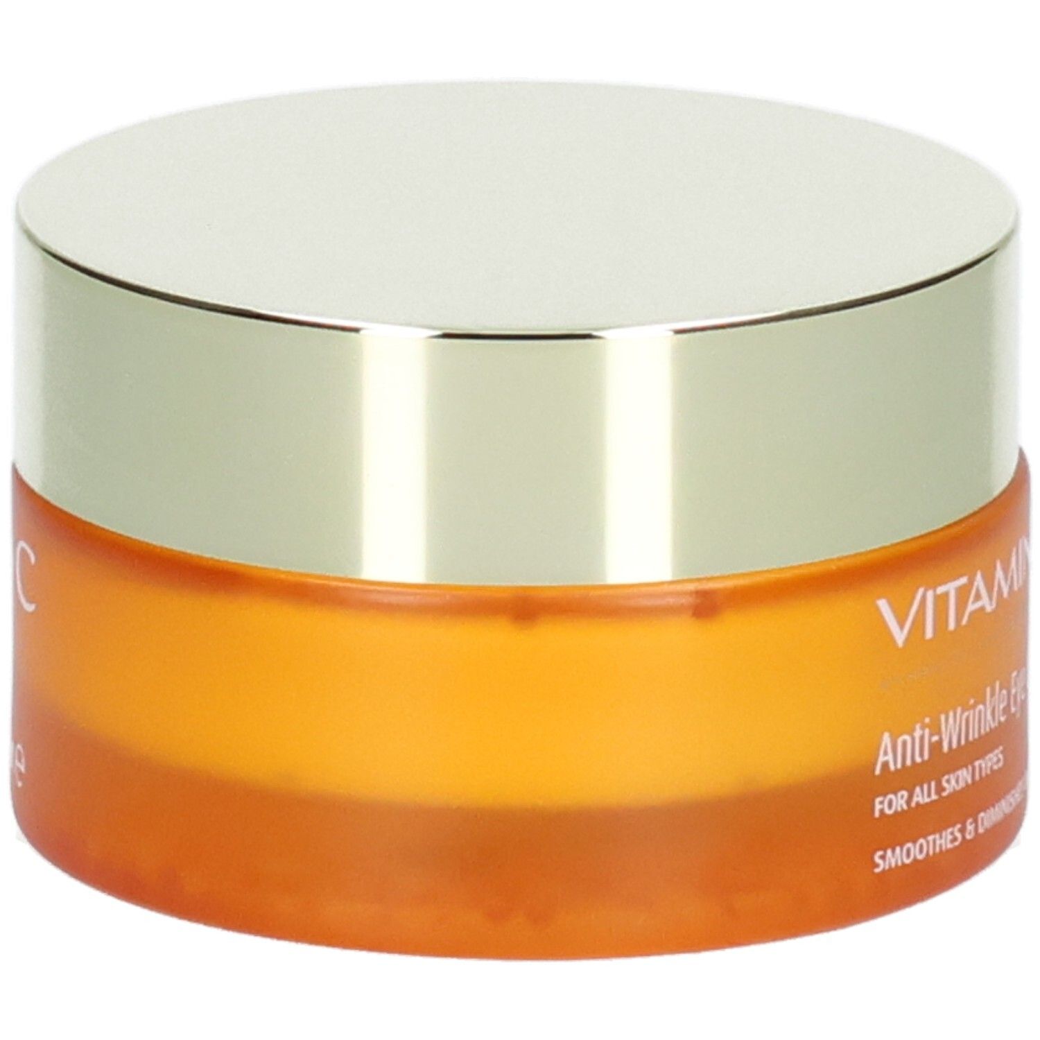 Orangefarbener Tiegel mit silbernem Deckel, "VITAMIN C" und "Anti-Wrinkle Eye Cream" aufgedruckt.