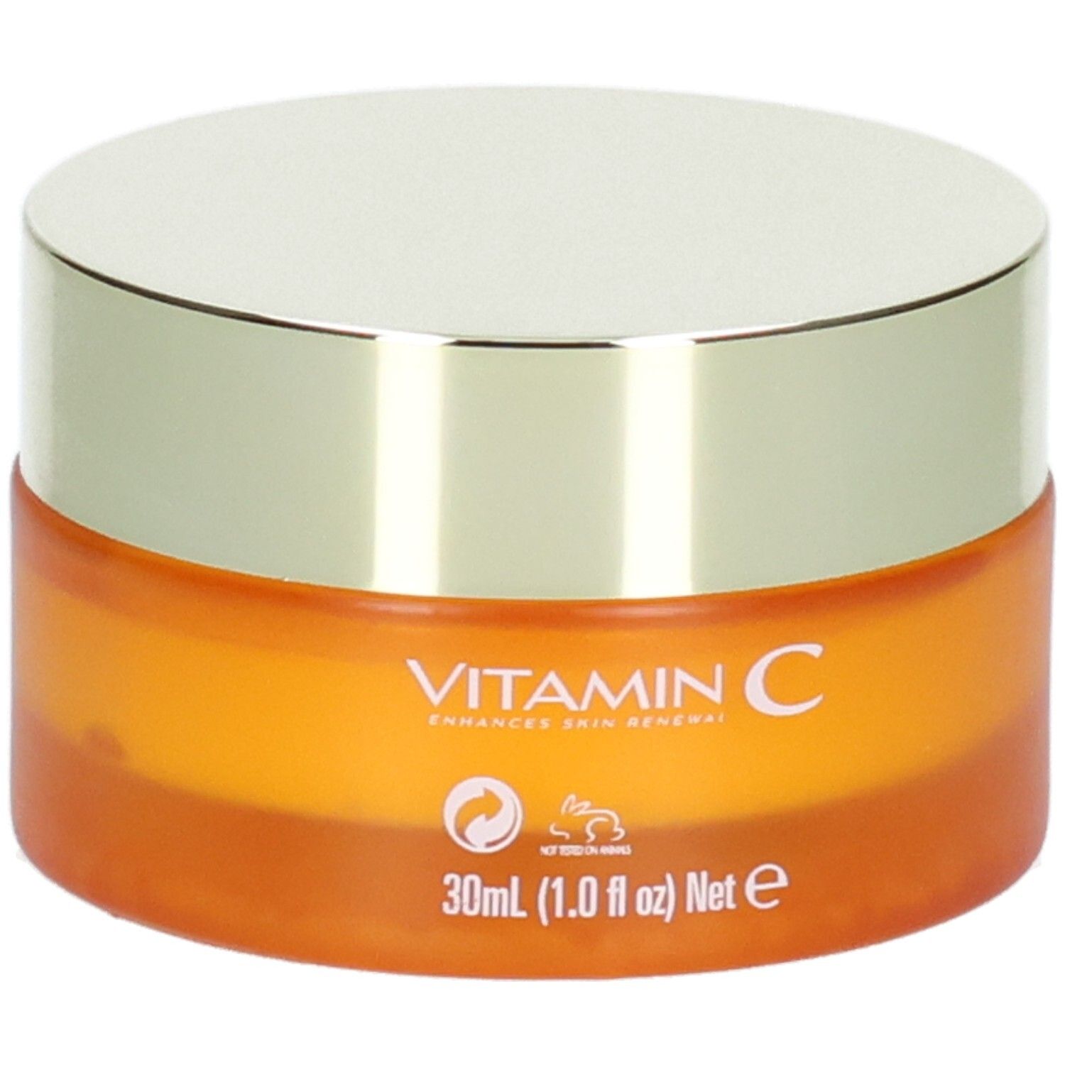 Orangefarbener Tiegel mit silbernem Deckel, "VITAMIN C ENHANCES SKIN RENEWAL" und "30ml" aufgedruckt.
