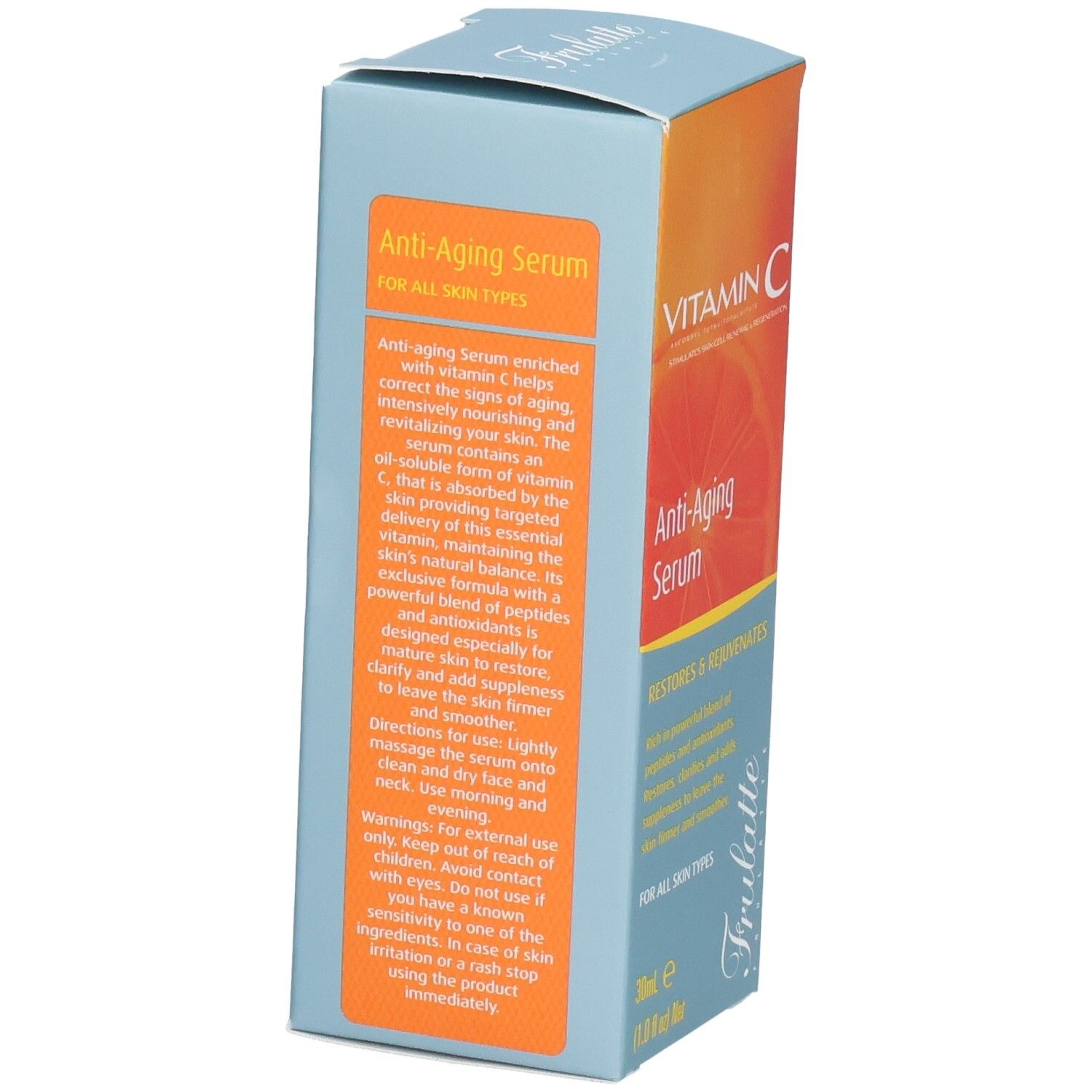 Rückseite der Verpackung für Anti-Aging Serum mit Vitamin C, mit Anwendungshinweisen.