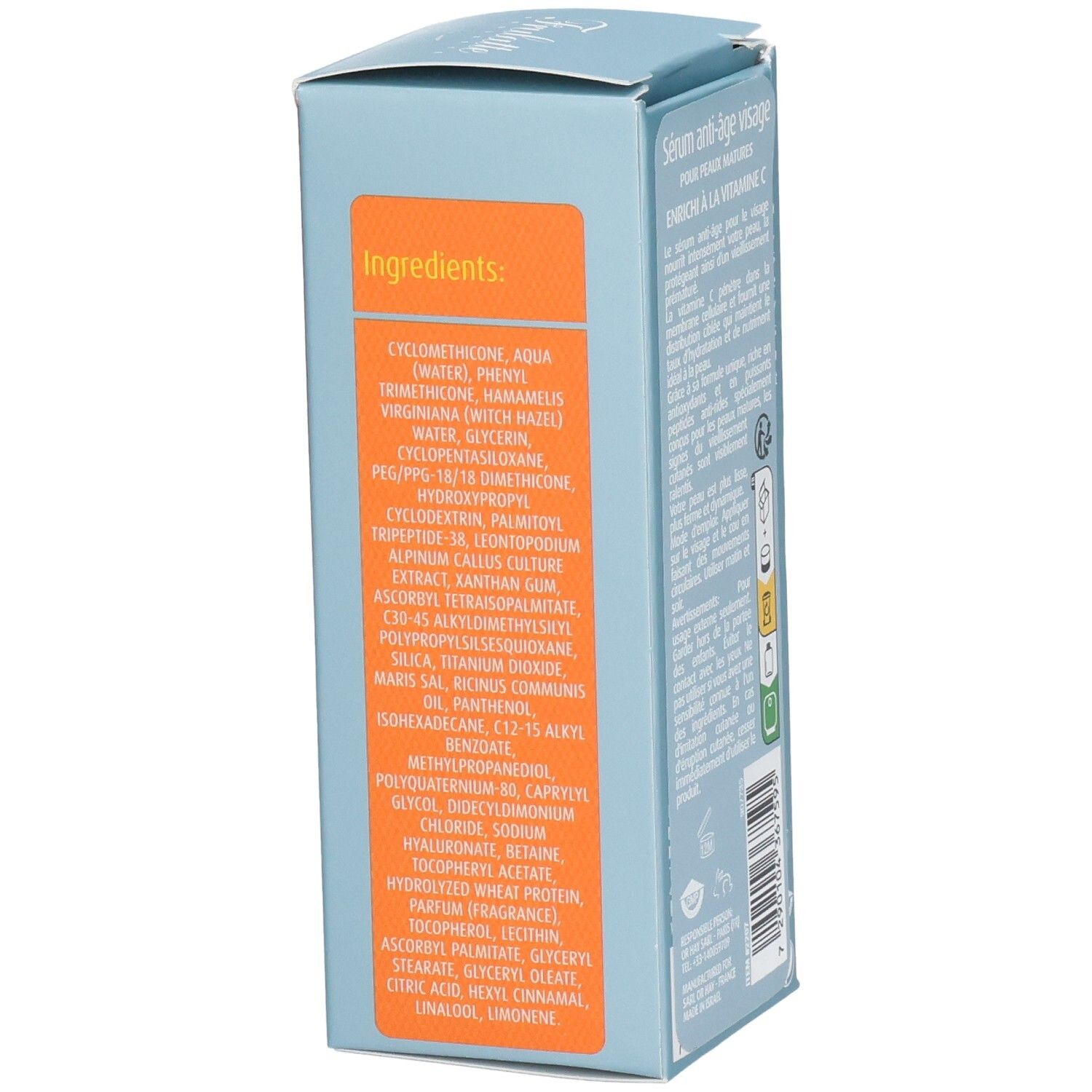 Zutatenliste auf der Verpackung für Anti-Aging Serum mit Vitamin C.