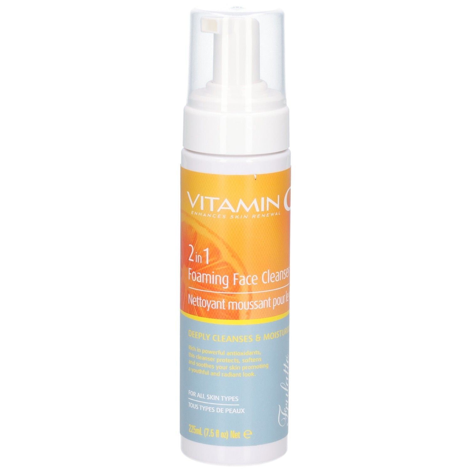 Flasche mit Pumpspender, Vorderseite mit Etikett: Vitamin C, 2-in-1 schäumender Gesichtsreiniger, 125ml.