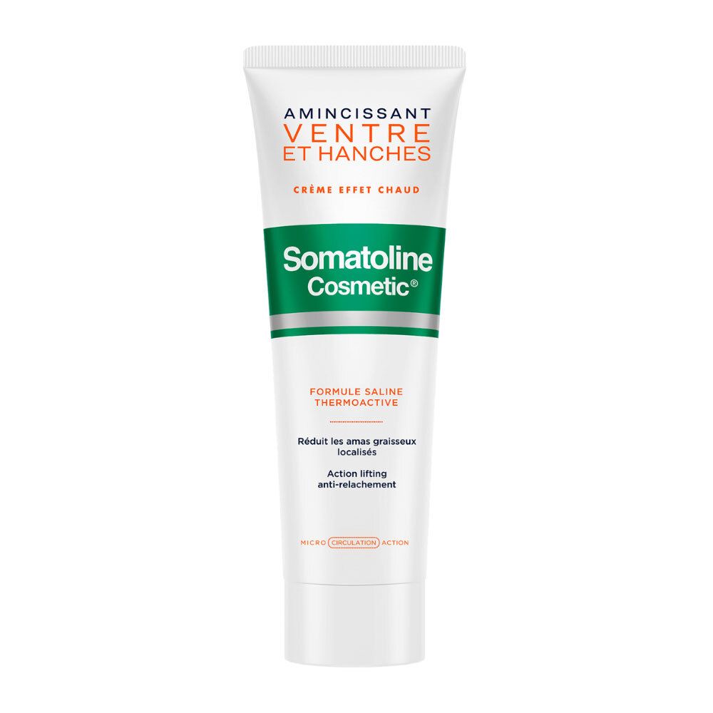 Creme-Tube mit Produktnamen und Aufschrift. Grün-weißes Design. Text: Amincissant Ventre et Hanches, Crème Effet Chaud, Somatoline Cosmetic.