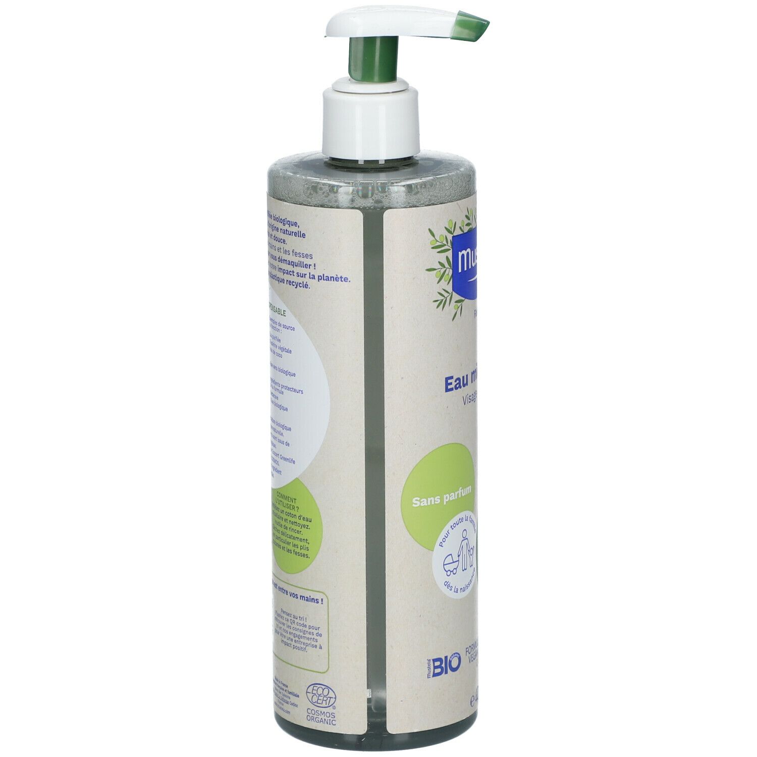 Ronde fles met pomp. Achterkant met tekst en logo's. BIO-certificering, veganistische formule, recyclebaar.