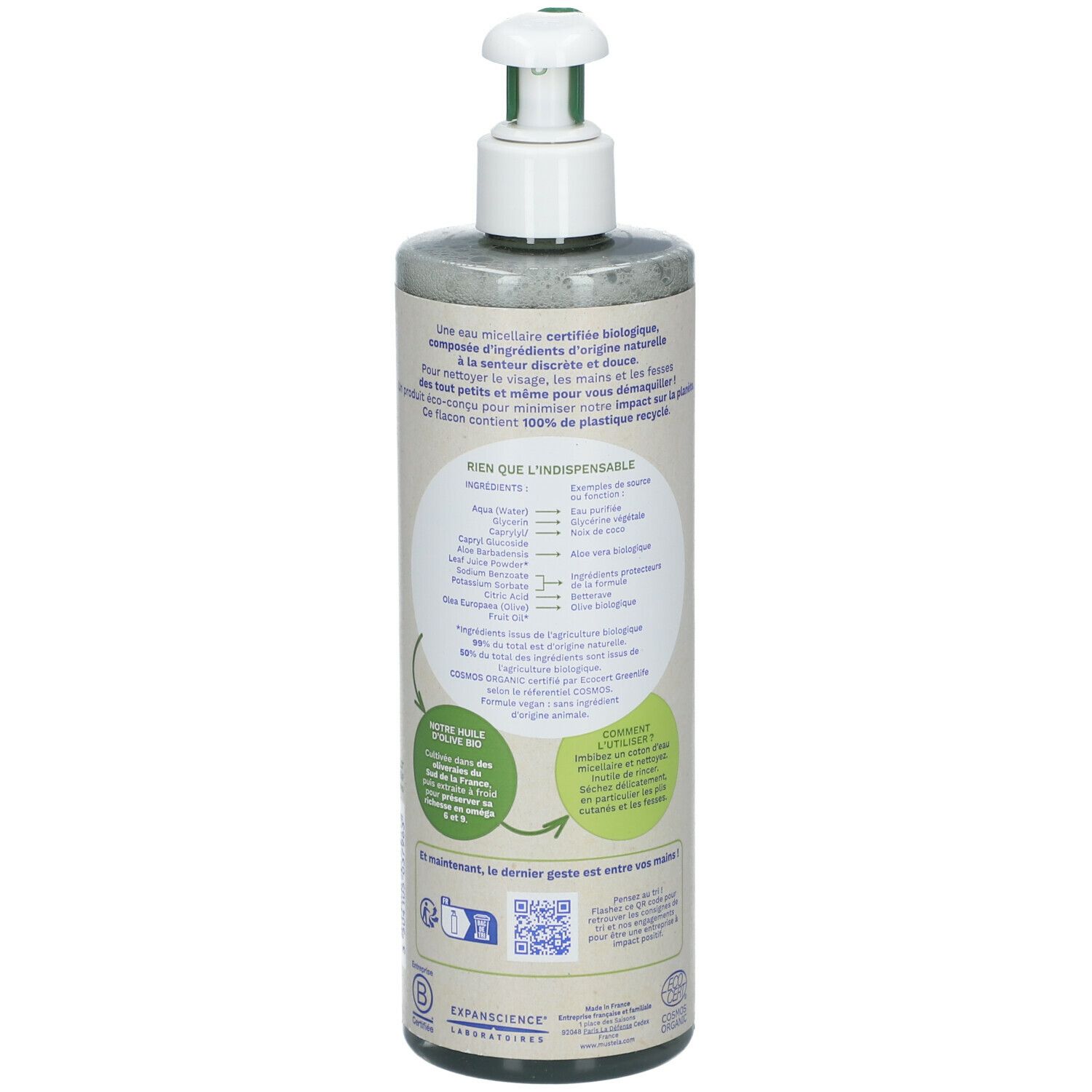 Ronde fles met pomp. Achterkant met ingrediënten en tekst. BIO-certificering, veganistische formule, recyclebaar.