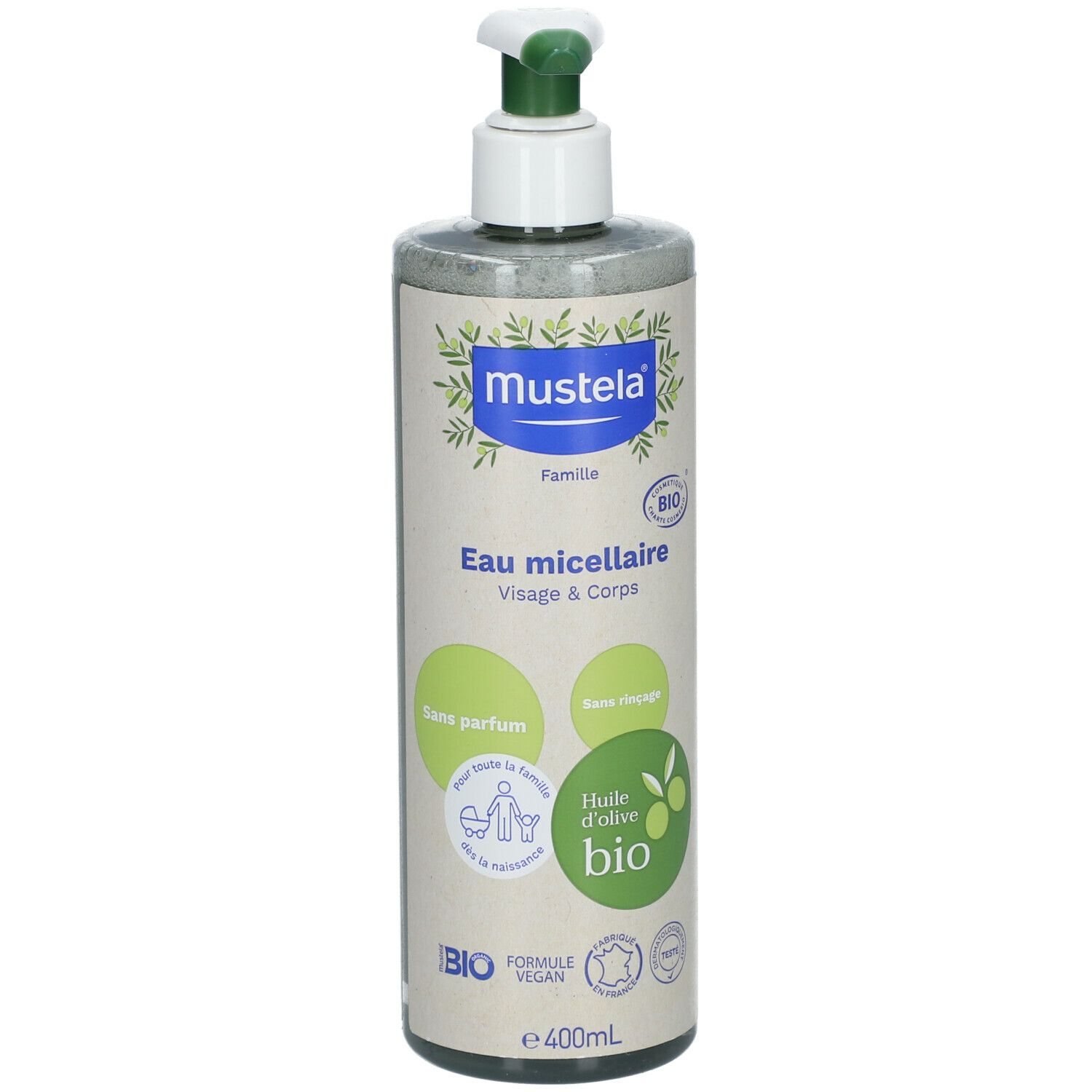 Ronde fles met pomp. Opschrift: Mustela, Eau micellaire Visage & Corps. BIO-certificering, olijfolie BIO.