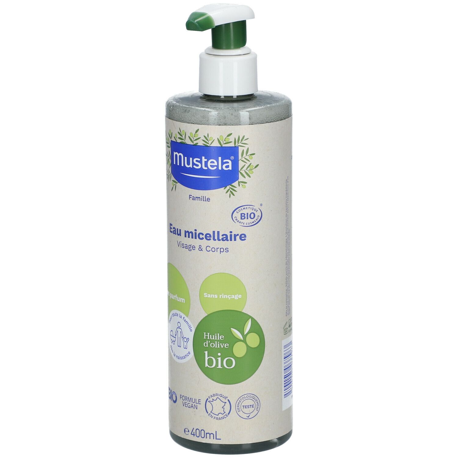 Ronde fles met pomp. Opschrift: Mustela, Eau micellaire Visage & Corps. BIO-certificering, olijfolie BIO.