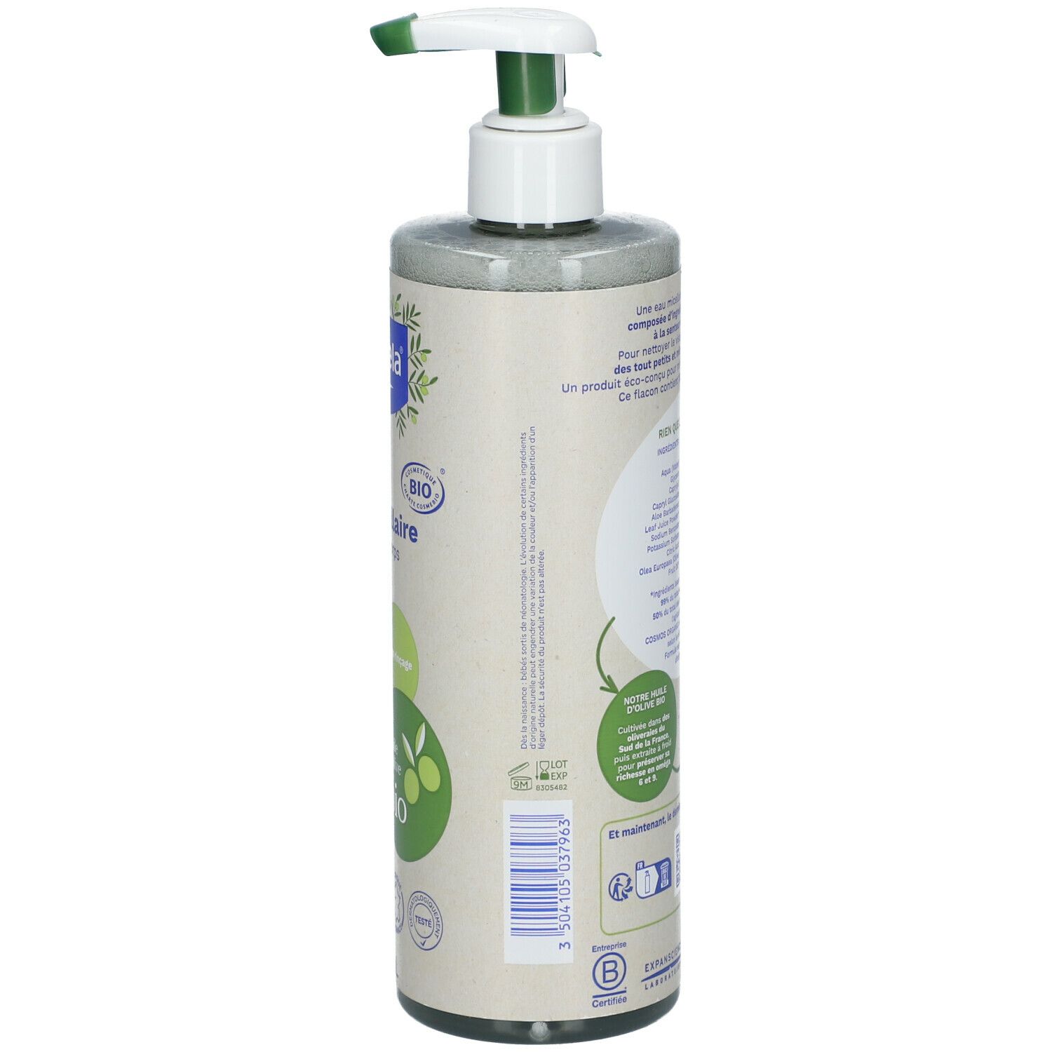Ronde fles met pomp. Achterkant met tekst en logo's. BIO-certificering, veganistische formule, recyclebaar.
