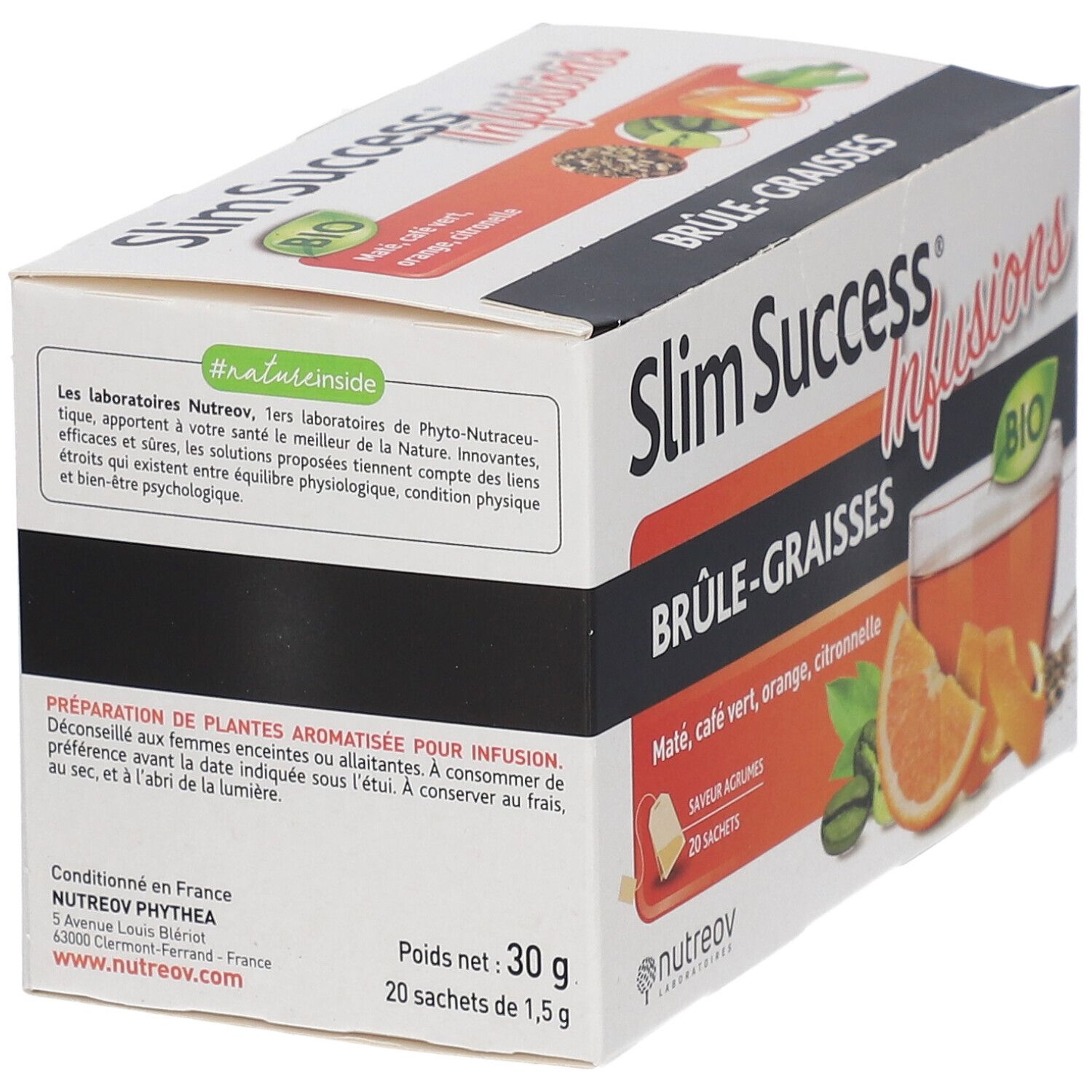 Boîte Slim Success Infusions. Inscription: Brûle-Graisses. Certification Bio. Ingrédients: Maté, café vert, orange, citron.
