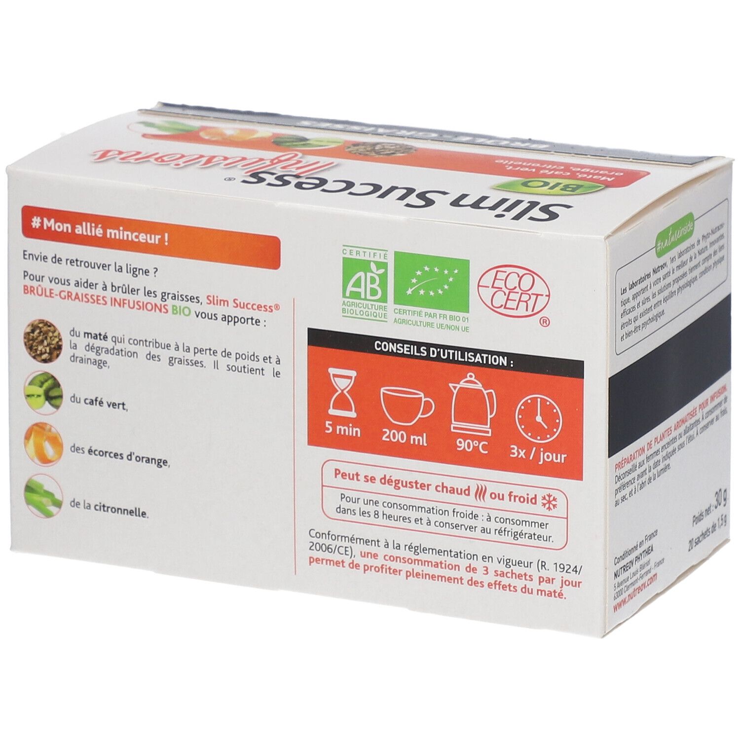 Dos de la boîte Slim Success Infusions. Texte: Brûle-Graisses. Certification Bio. Conseils d'utilisation. Logo ECOCERT.