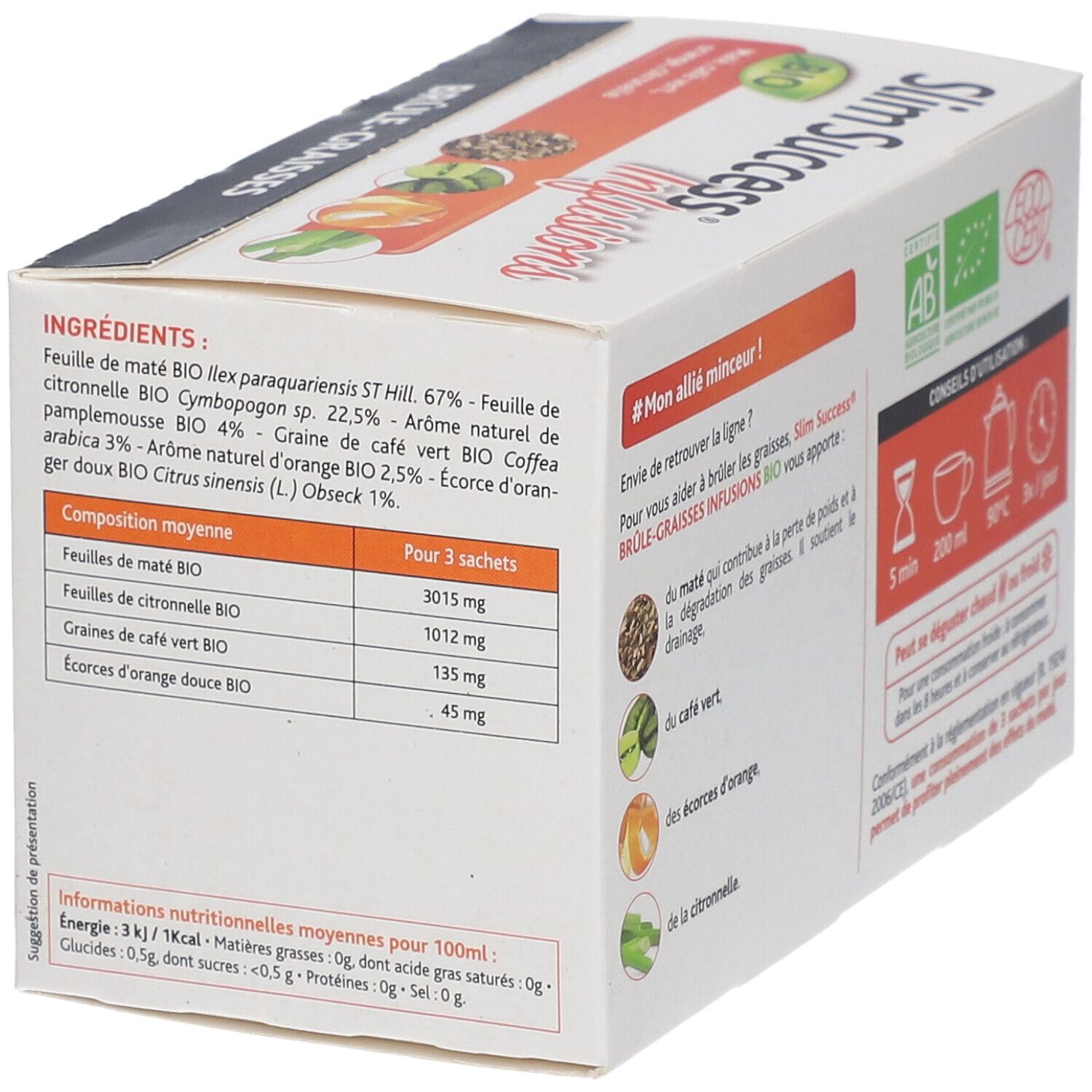 Côté de la boîte Slim Success Infusions. Liste des ingrédients. Informations nutritionnelles. Certification Bio. Texte: Brûle-Graisses.