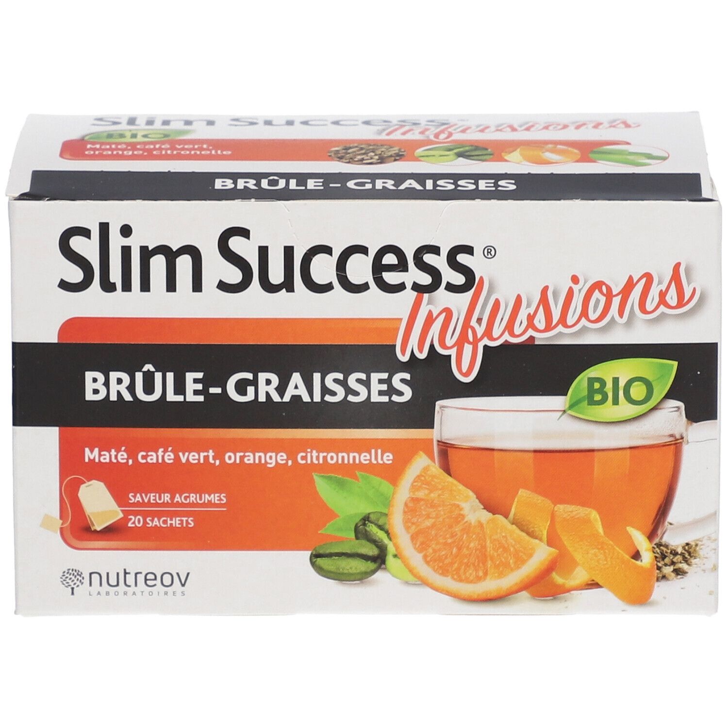 Boîte Slim Success Infusions. Inscription: Brûle-Graisses. Certification Bio. 20 sachets. Saveur agrumes. Illustration: thé à l'orange.