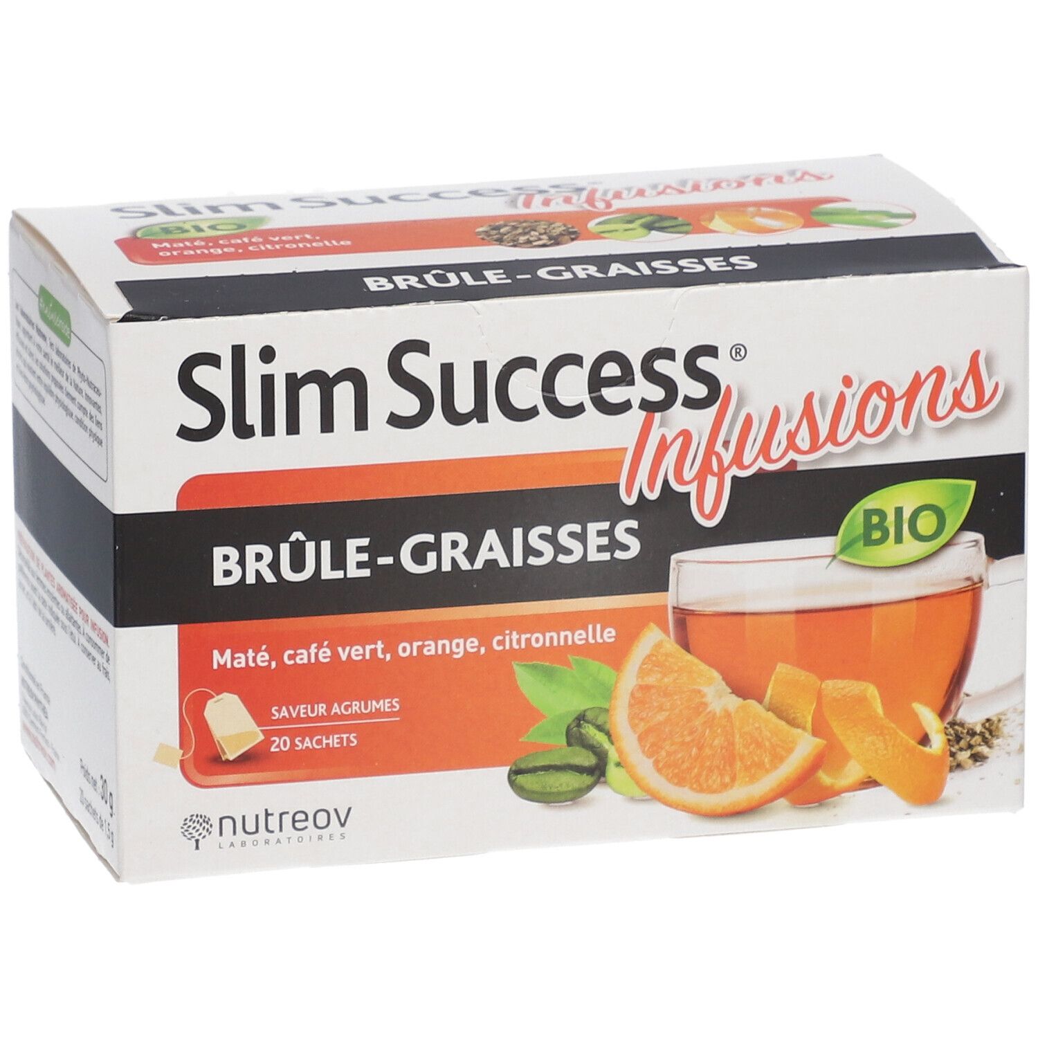 Boîte Slim Success Infusions. Inscription: Brûle-Graisses. Certification Bio. 20 sachets. Saveur agrumes. Visuel du produit.