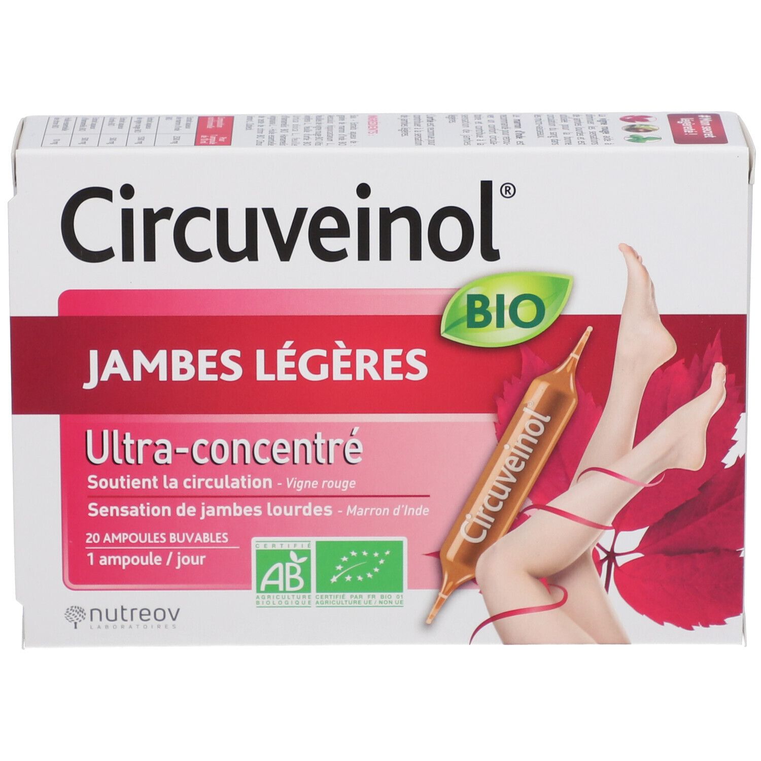 Boîte de Circuveinol ampoules. Inscription: Circuveinol, Jambes Légères, Ultra-concentré, Bio. Illustration de jambes et ampoule.