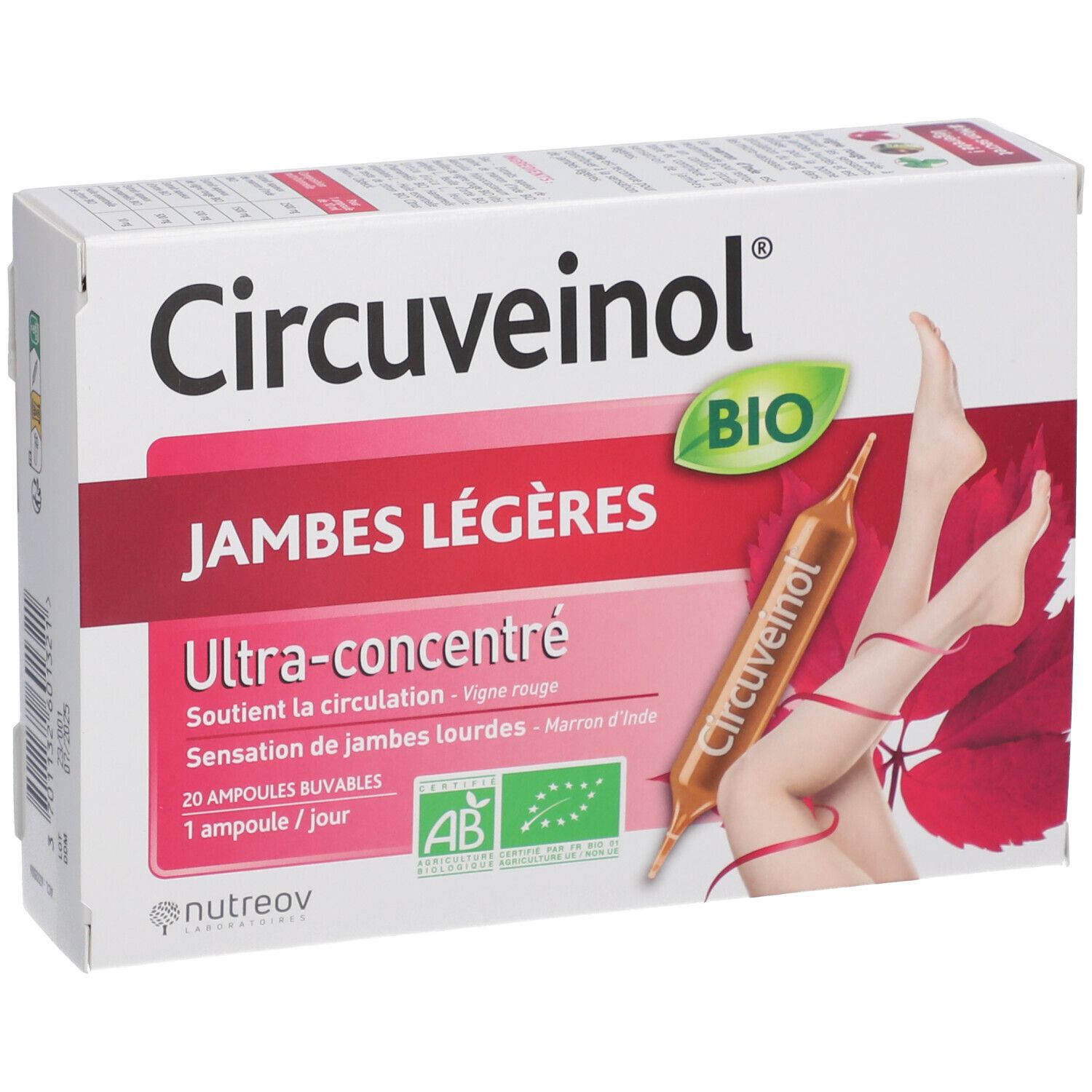 Boîte de Circuveinol ampoules. Inscription: Circuveinol, Jambes Légères, Ultra-concentré, Bio. Illustration de jambes et ampoule.