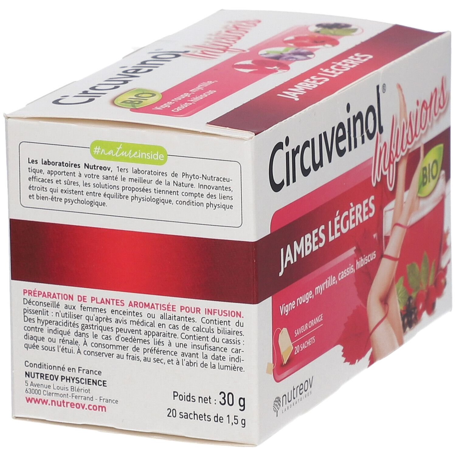 Boîte Nutreov Circuveinol Infusions. Inscription Jambes Légères. Texte sur le produit et ingrédients. Label Bio.